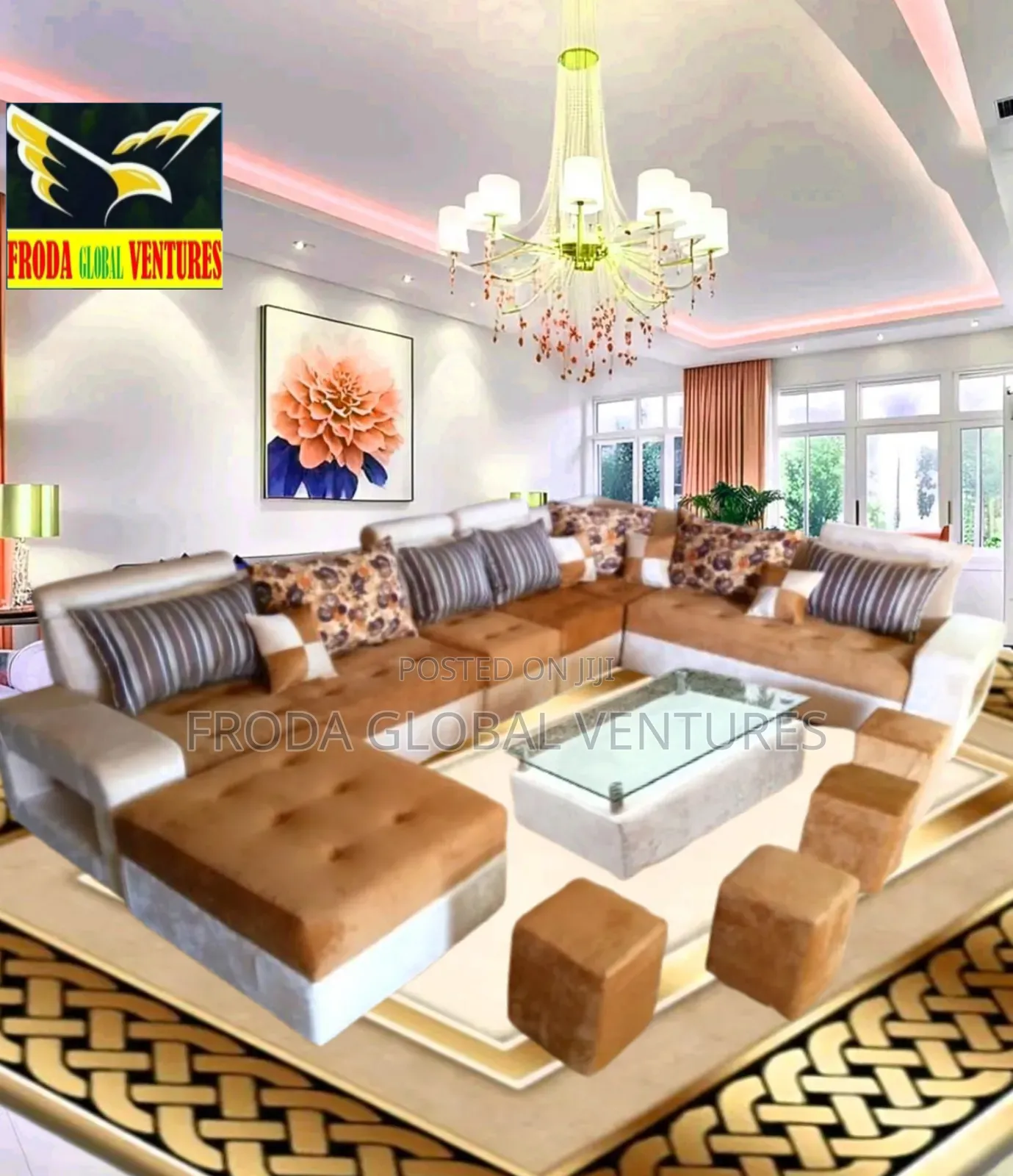 Home Interiors. Set of U-Shape Sofa Chairs, Table, Stools