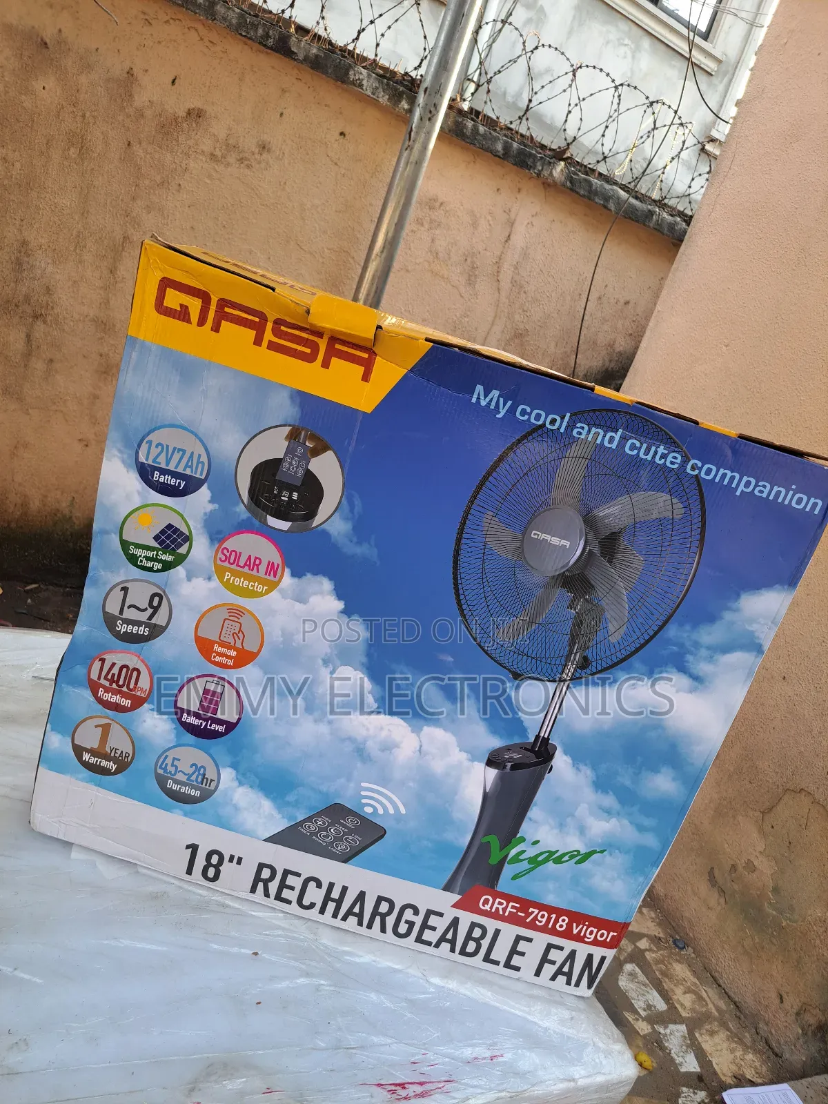 Brand New QASA 18inch Rechargeable Standing Fan Copper Coil