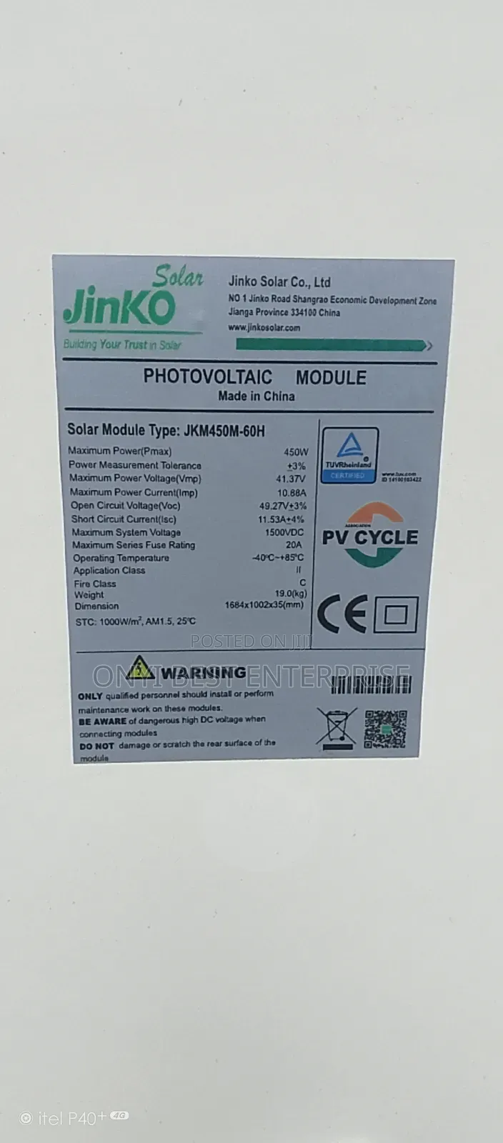 Jinko Solar Panel Mono 450watts/144cells