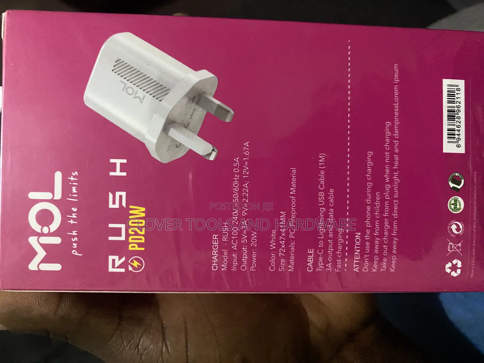 MOL Rush 3A 20W Charger 20W 9V Type C to Lightning Cable.