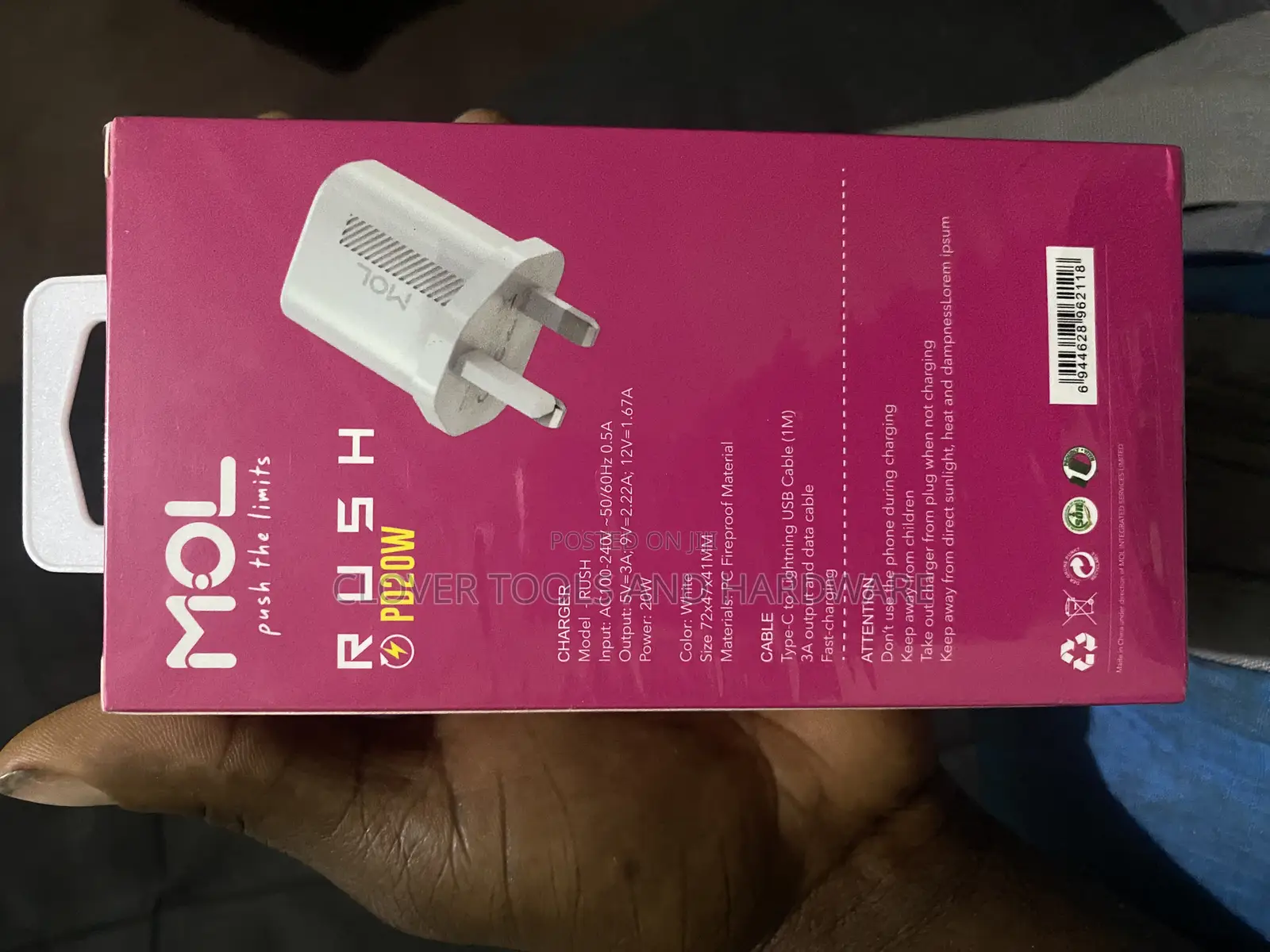 MOL Rush 3A 20W Charger 20W 9V Type C to Lightning Cable.