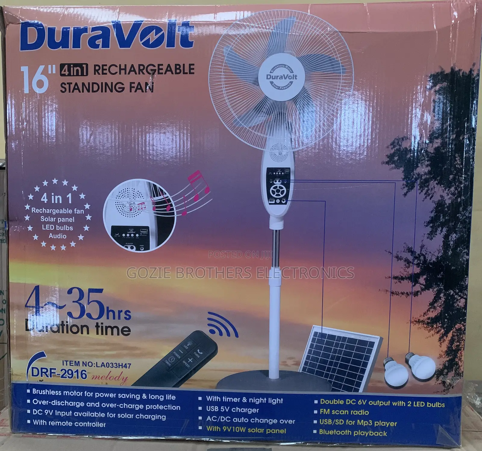 Duravolt Rechargeable Standing Fan(16in)Solar Panel and Bulb