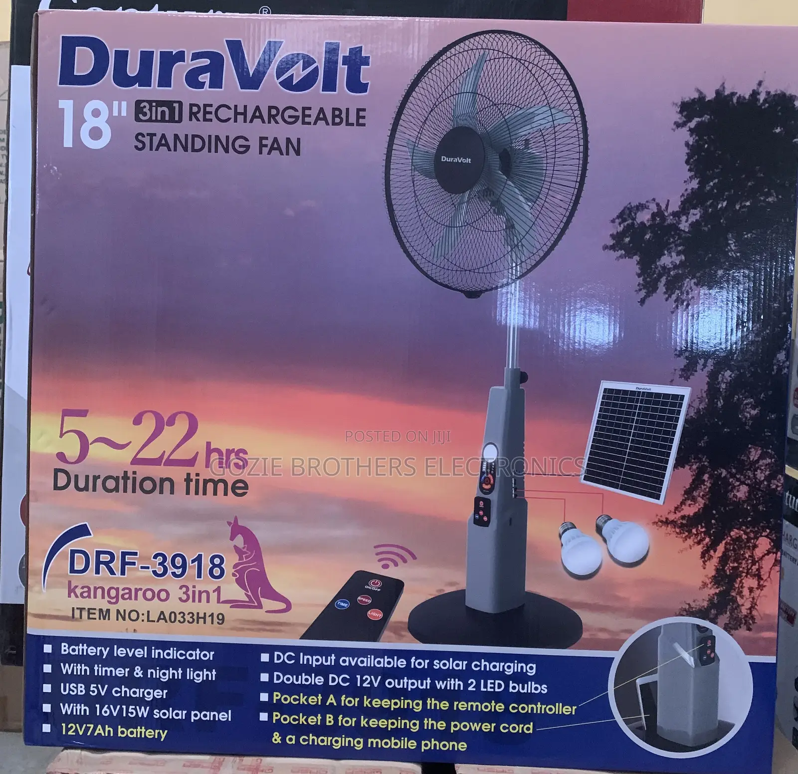 DURAVOLT RECHARGEABLE FAN(18 In) With Solar Panel and Bulbs