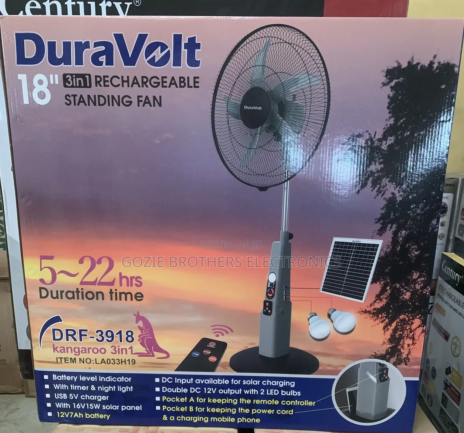 DURAVOLT RECHARGEABLE FAN(18 In) With Solar Panel and Bulbs