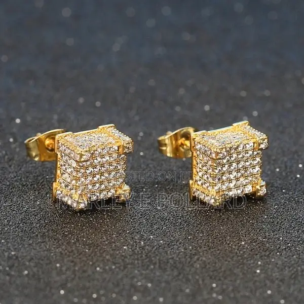 24 Kt Gold Plated Iced Out Cz Diamond Men Women Stud Earring