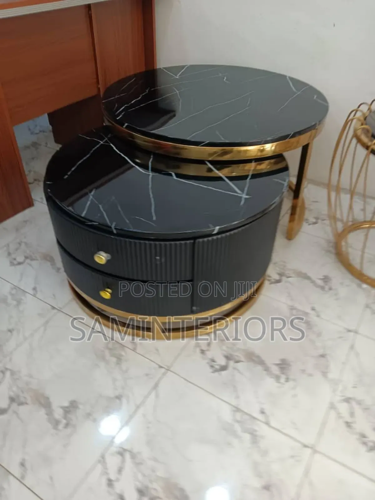New Design Marble Top Black Center Table With Double Drawer