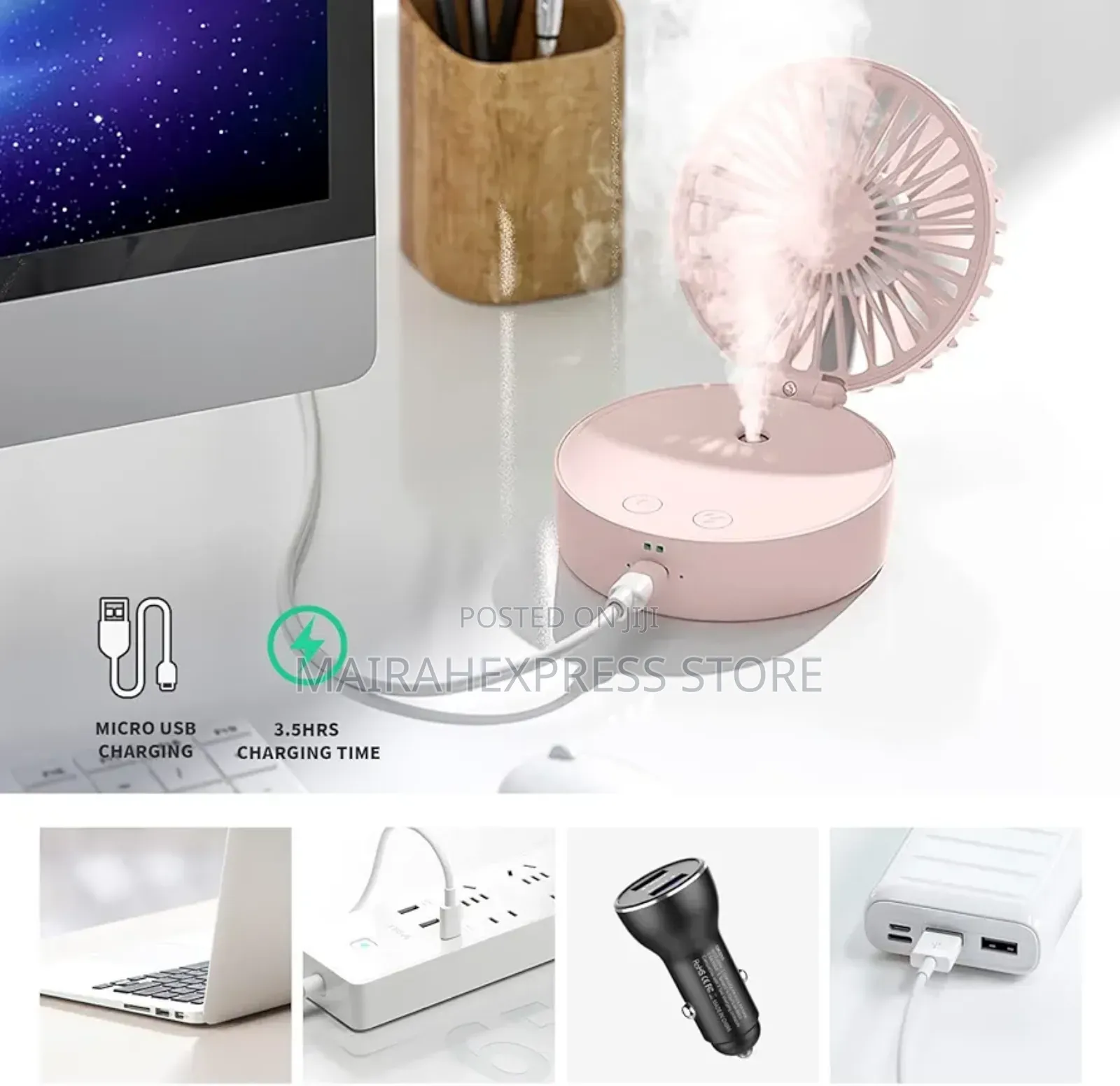 3 Speed Rechargeable Operated Mist Hand Held Fan