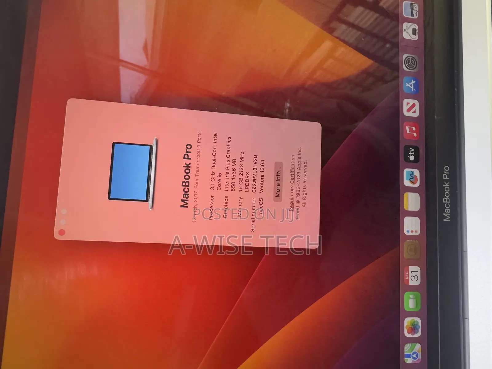 Laptop Apple MacBook Pro 2017 16GB Intel Core I5 SSD 256GB