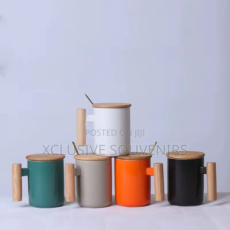 High Quality 350ml Porcelain Mug With Bamboo Lid Spoon