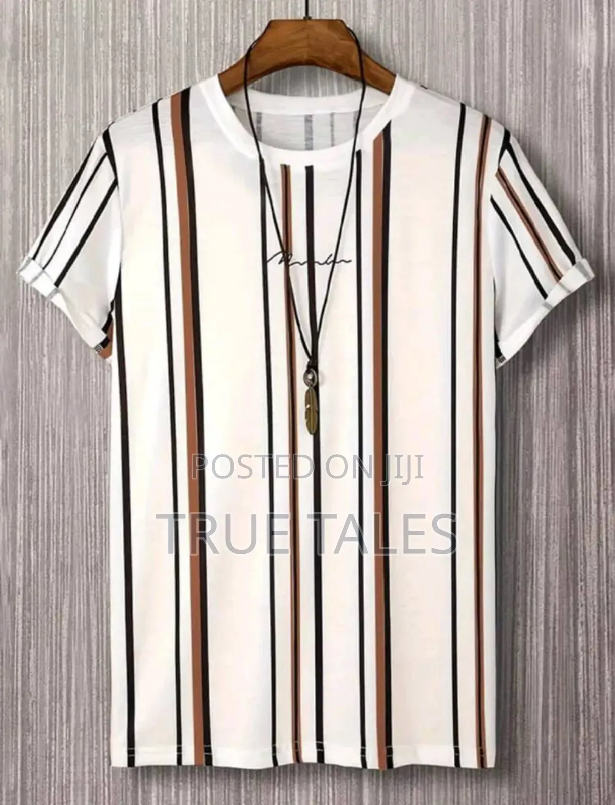White and Brown Striped Round Neck Smart T-Shirt