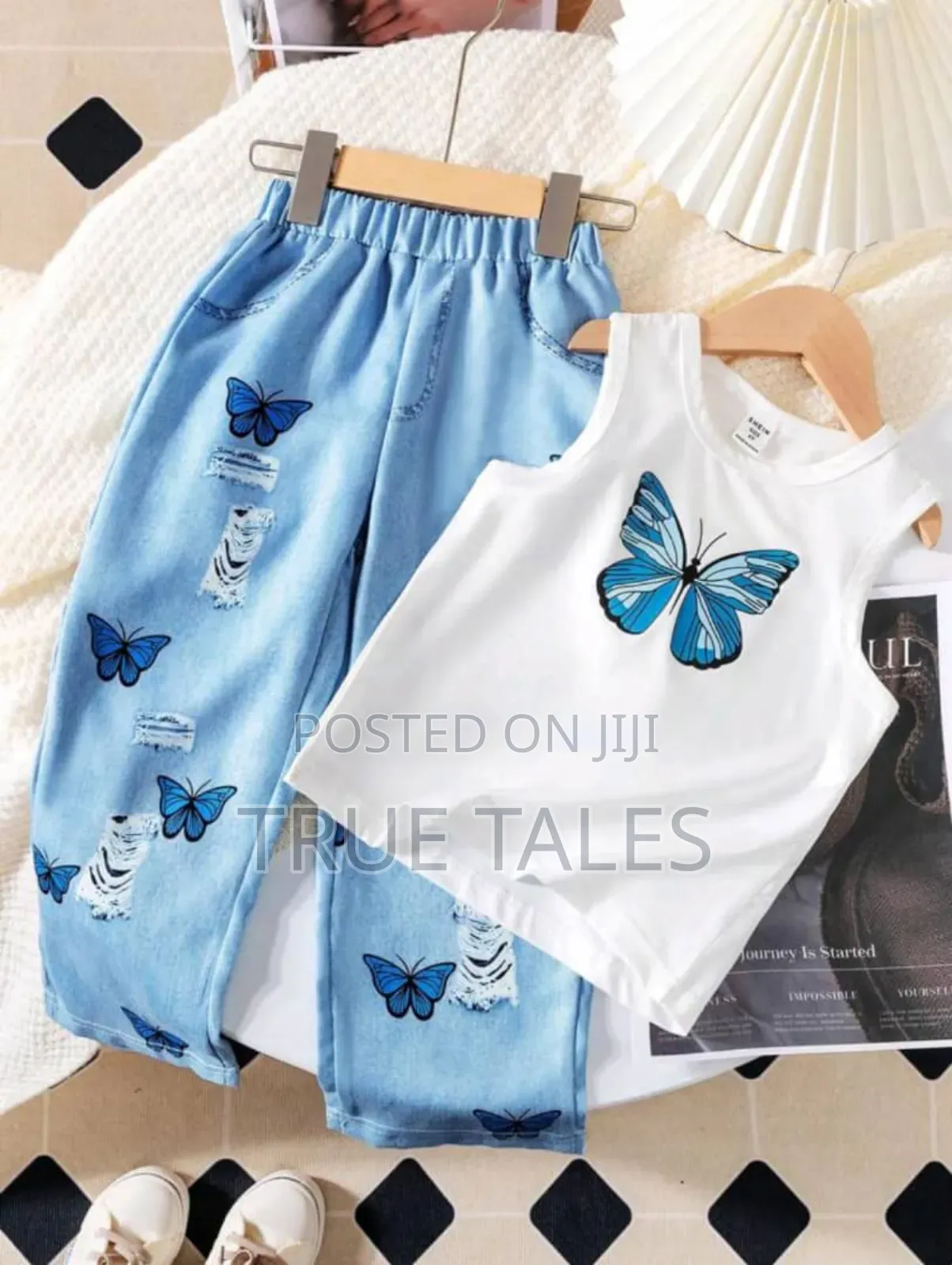 Girl's Blue and White Butterfly Top and Trousers Set