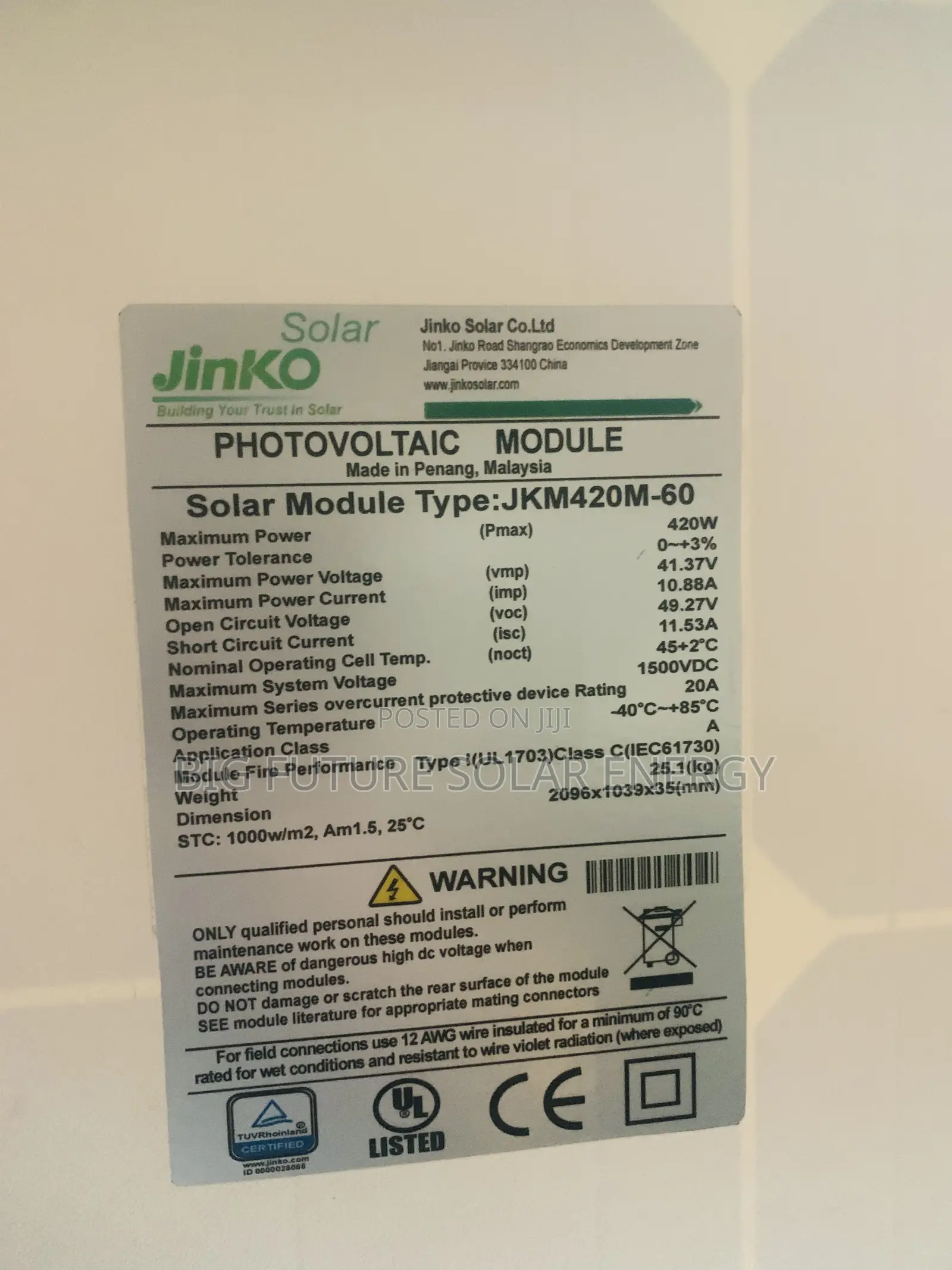 420W Jinko Solar Panel 60C