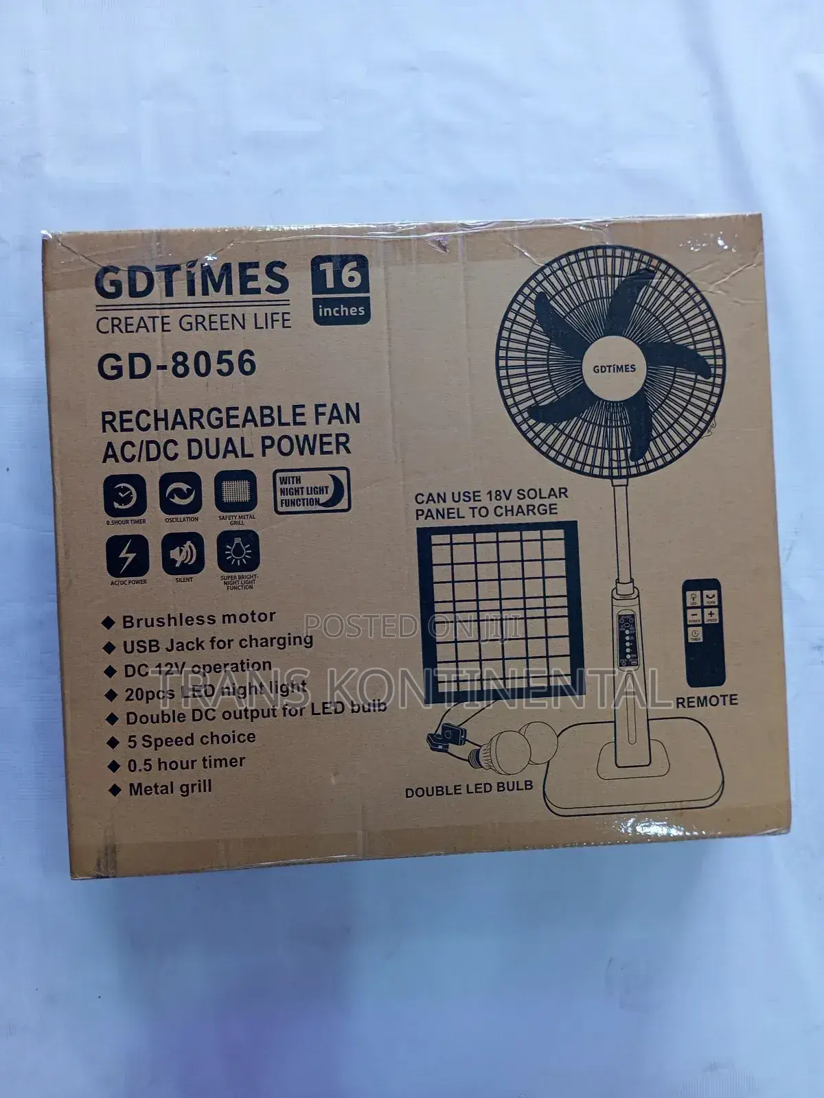 16 Inches Solar Rechargeable Fan Ac/Dc Dual Power (2 Bulbs)