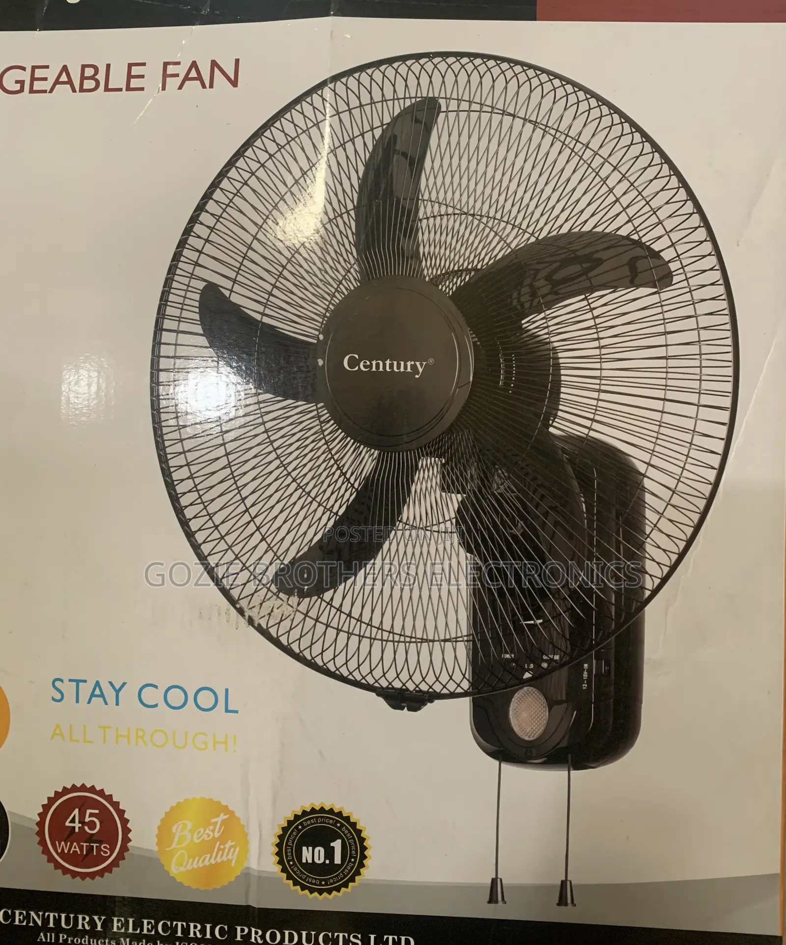Century 18 Inches Rechargeable Wall Fan (Black Color)