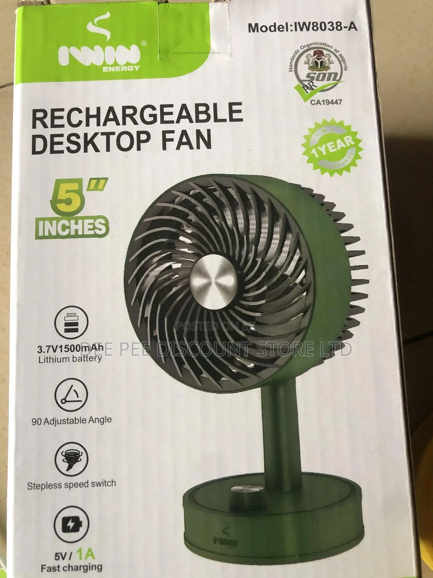 Iwin Mobile Desktop Rechargeable Fan, Iw8038-A