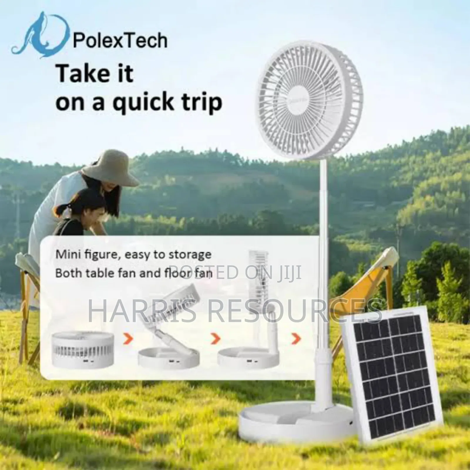 Telescopic Fan With Solar Panel Light- 24 Hours - 8000mah Battery