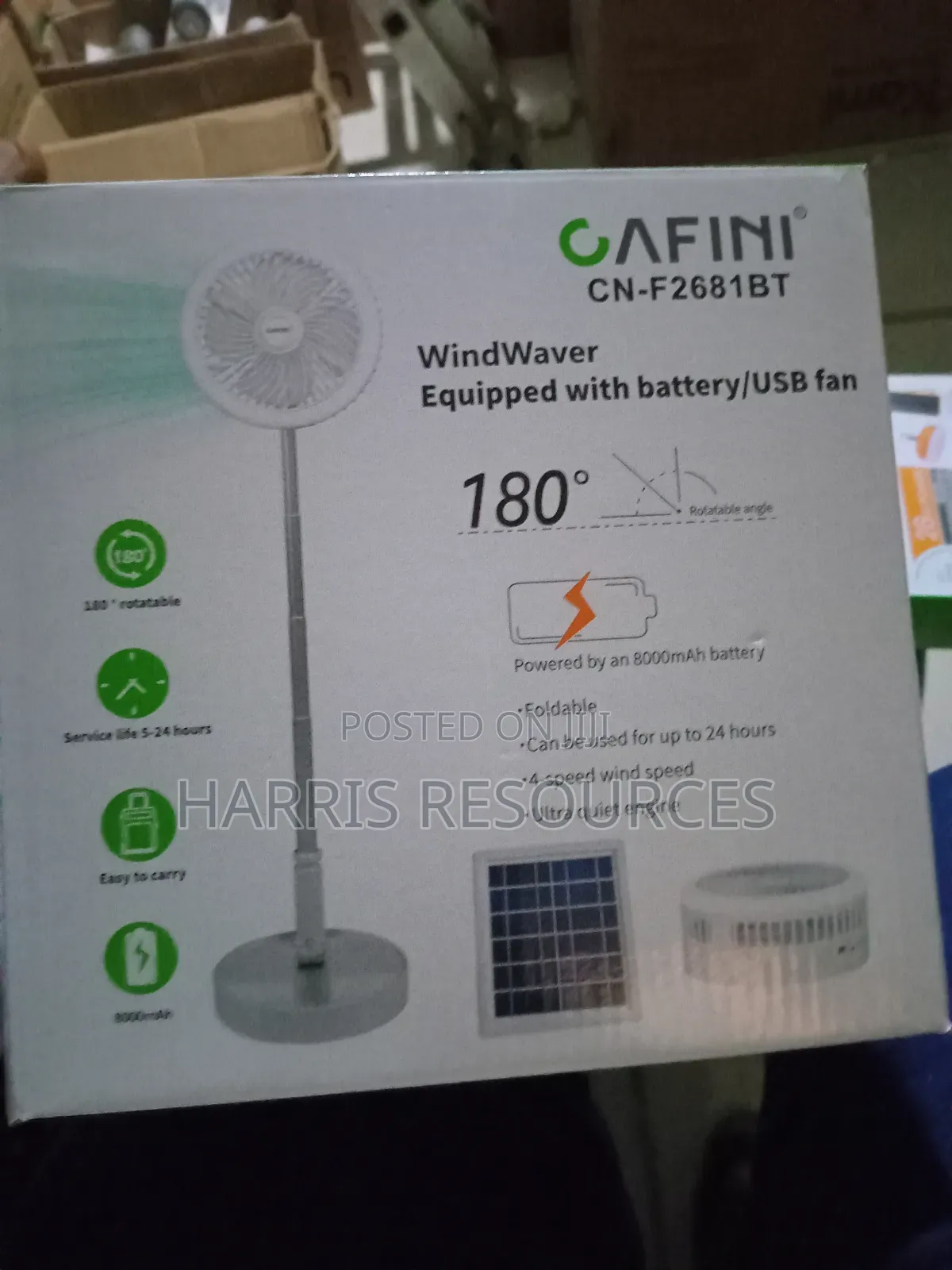 Telescopic Fan With Solar Panel Light- 24 Hours - 8000mah Battery