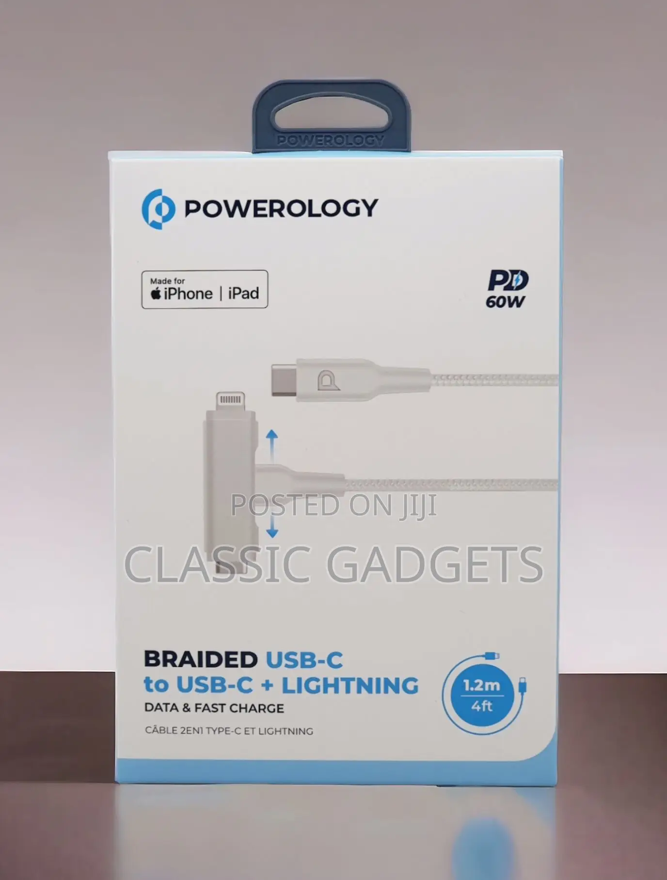 Powerology Braided 60w Pd USB-C +iPhone 1.2m 4ft Cable-