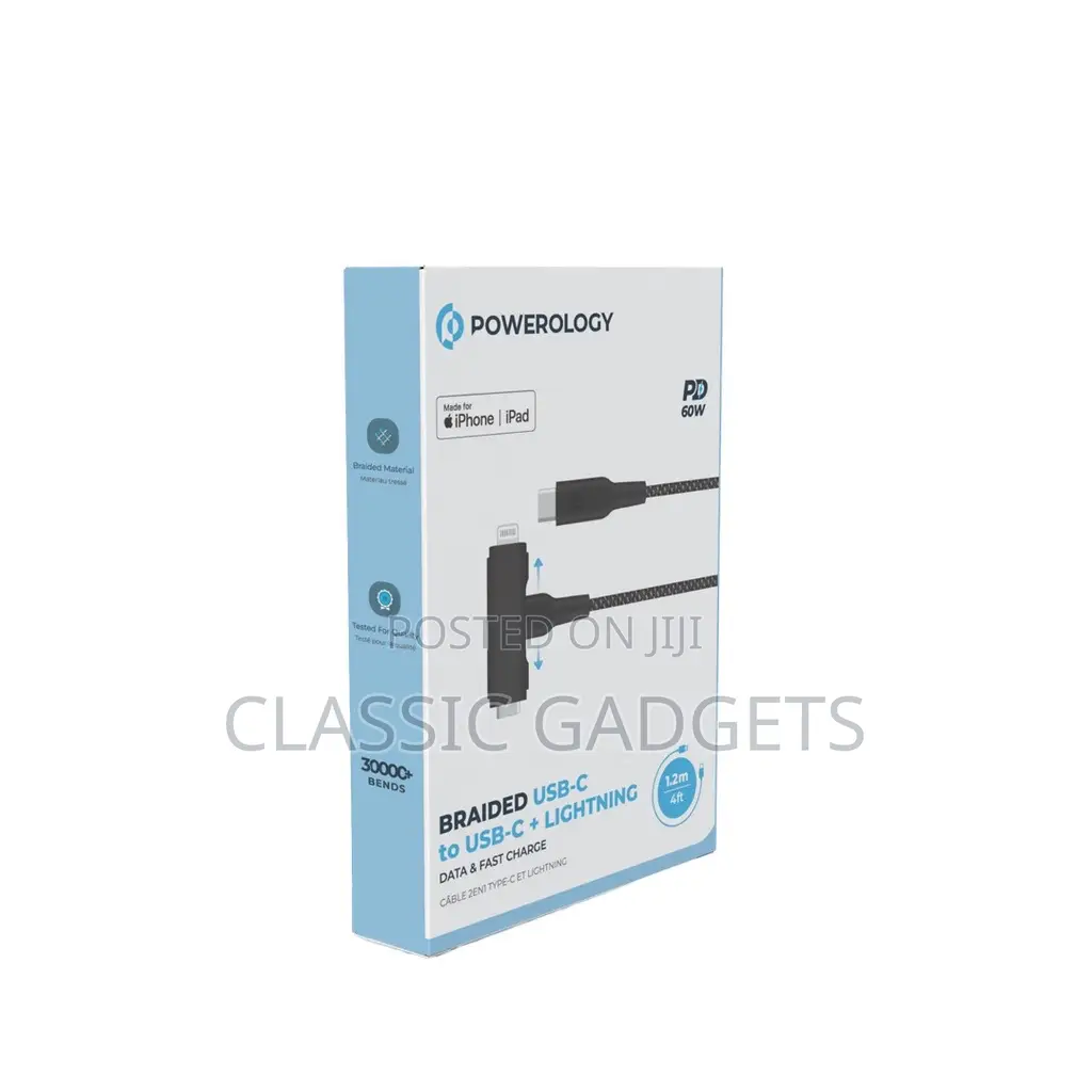 Powerology Braided 60w Pd USB-C +iPhone 1.2m 4ft Cable-
