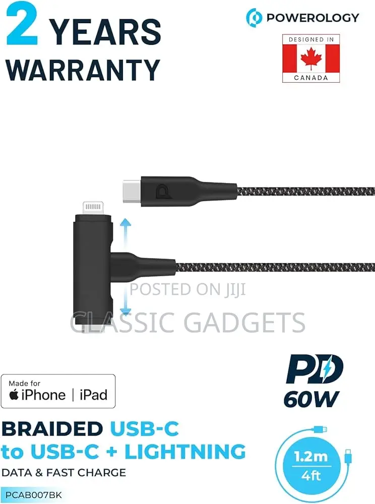 Powerology Braided 60w Pd USB-C +iPhone 1.2m 4ft Cable-
