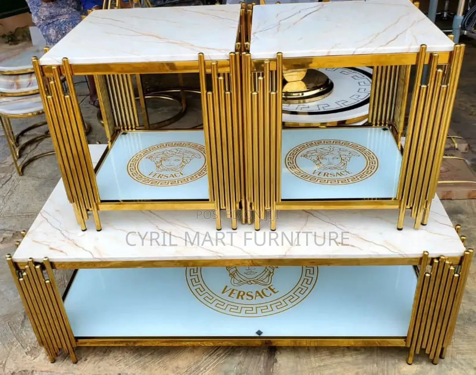 Center Table With Two Sides Stool Gold Frame