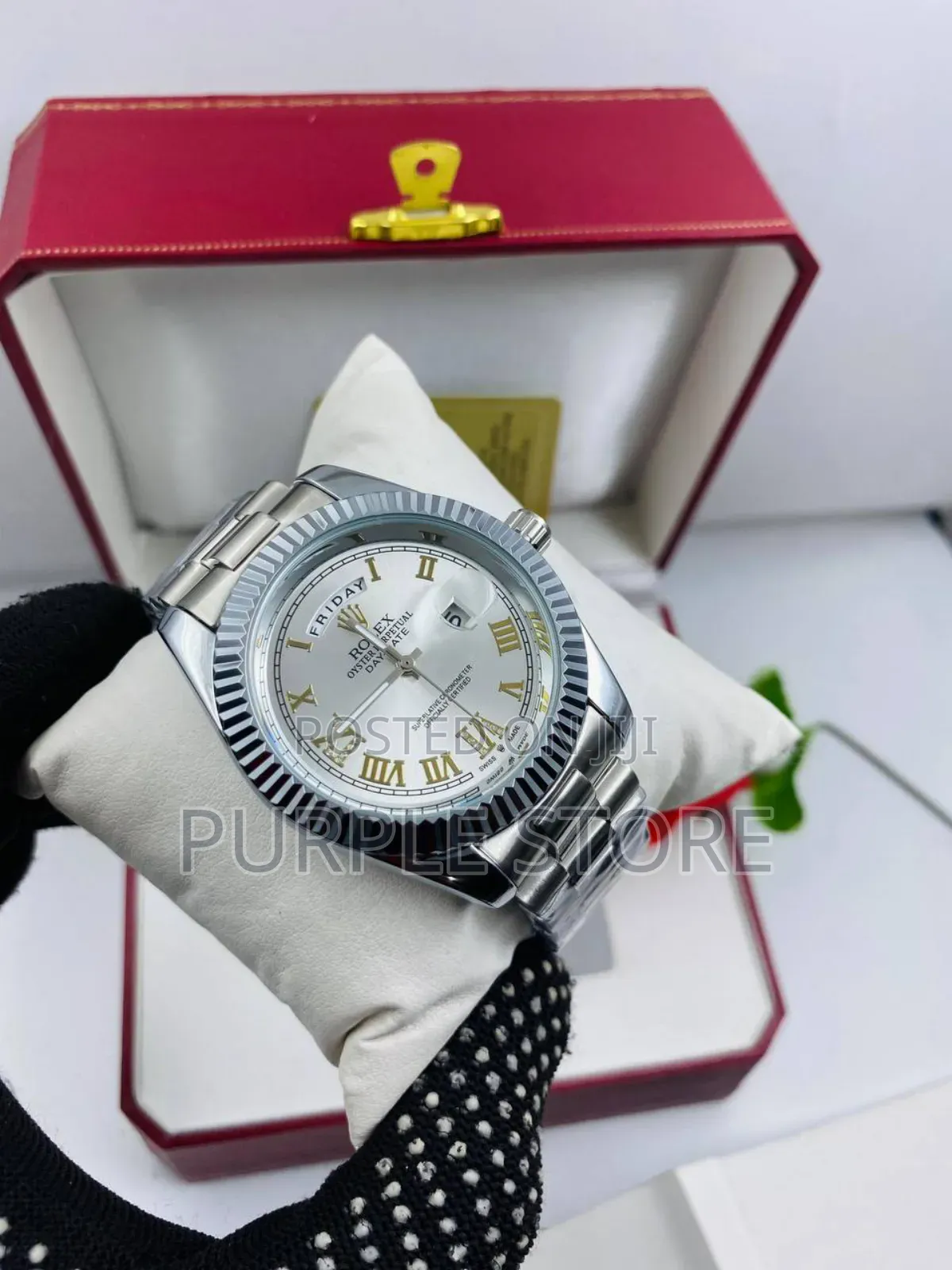 Rolex Full Date Wristwatch Silver and Black