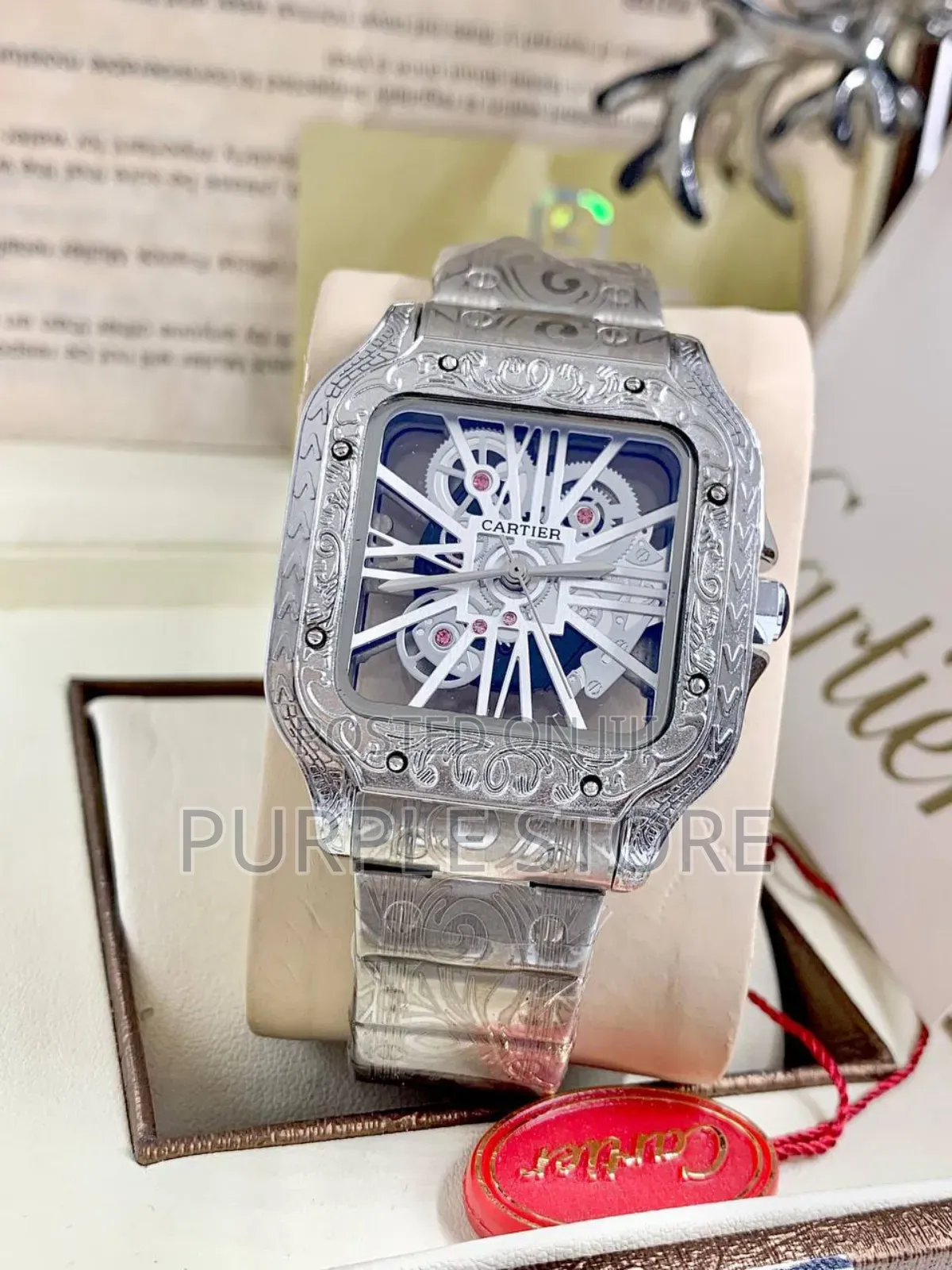 Cartier Engraved Body Transparent Dial Watch Silver