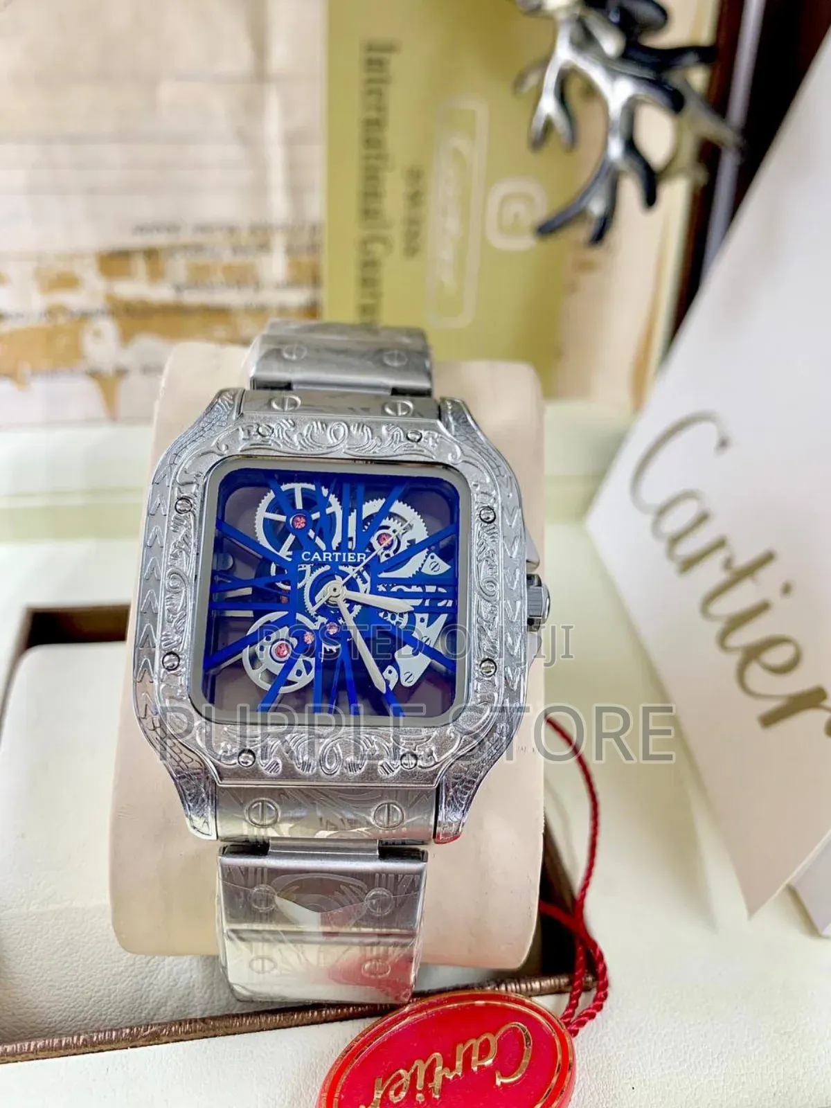 Cartier Engraved Body Transparent Dial Watch Silver