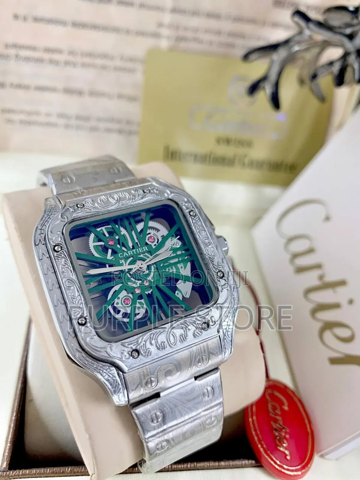 Cartier Engraved Body Transparent Dial Watch Silver