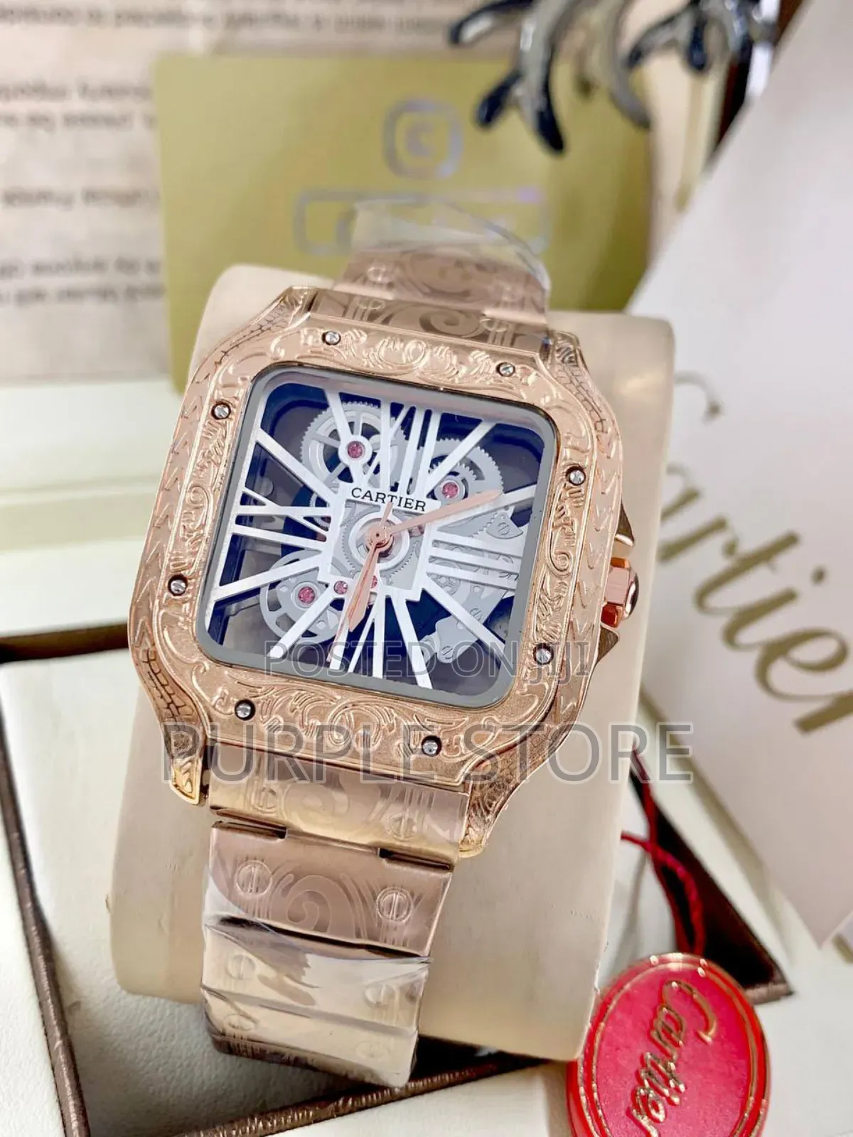 Cartier Engraved Body Transparent Dial Watch Rosegold
