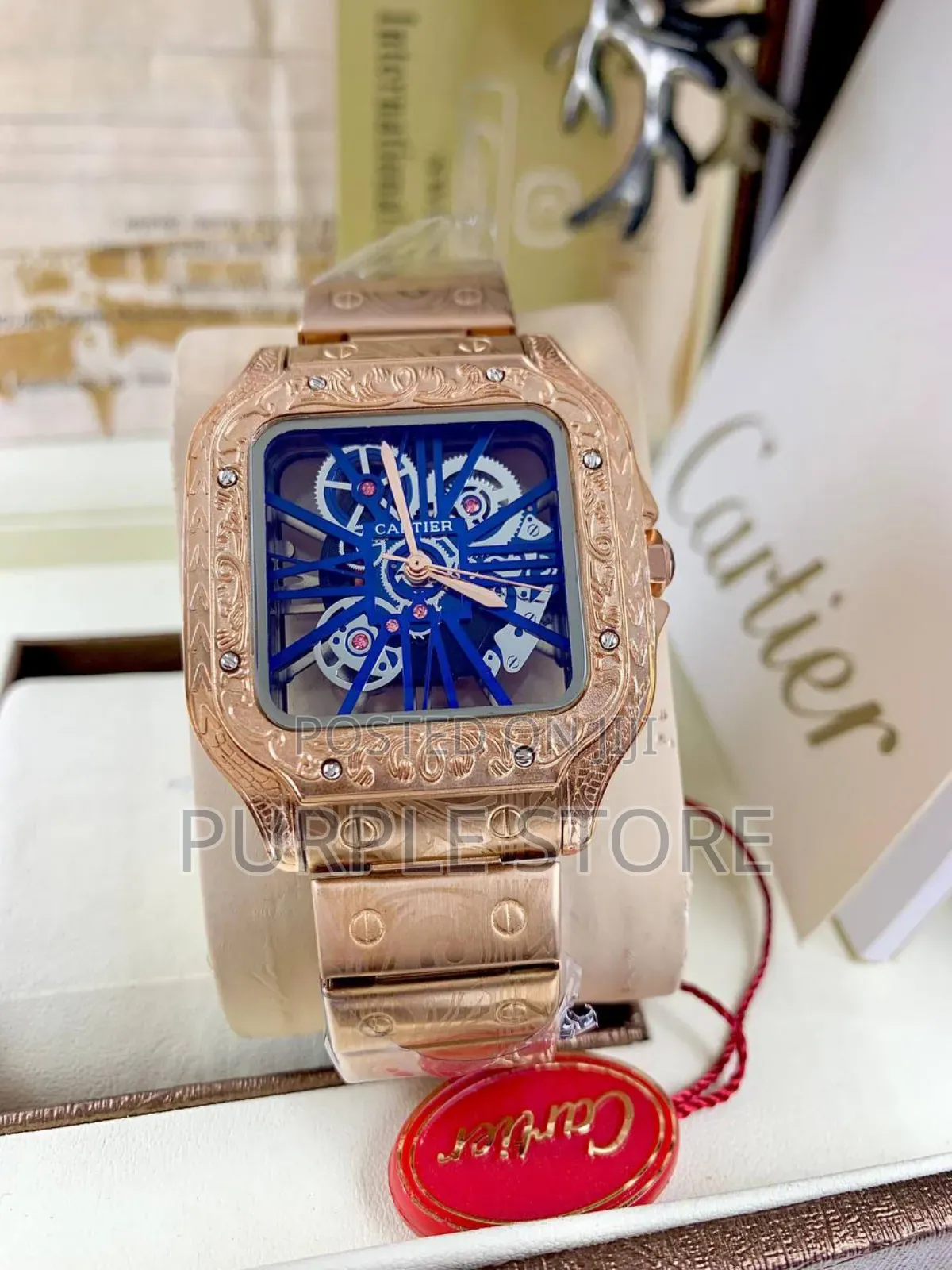 Cartier Engraved Body Transparent Dial Watch Rosegold