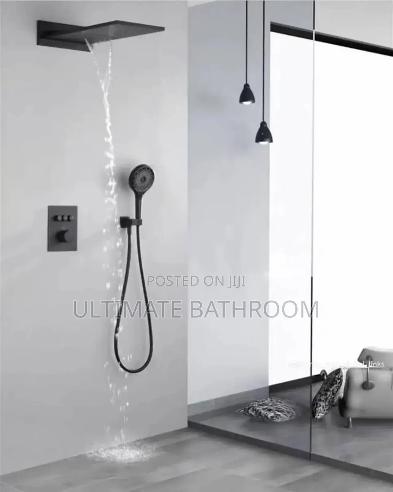 Black Conduit Shower  With Waterfall Shower Rose