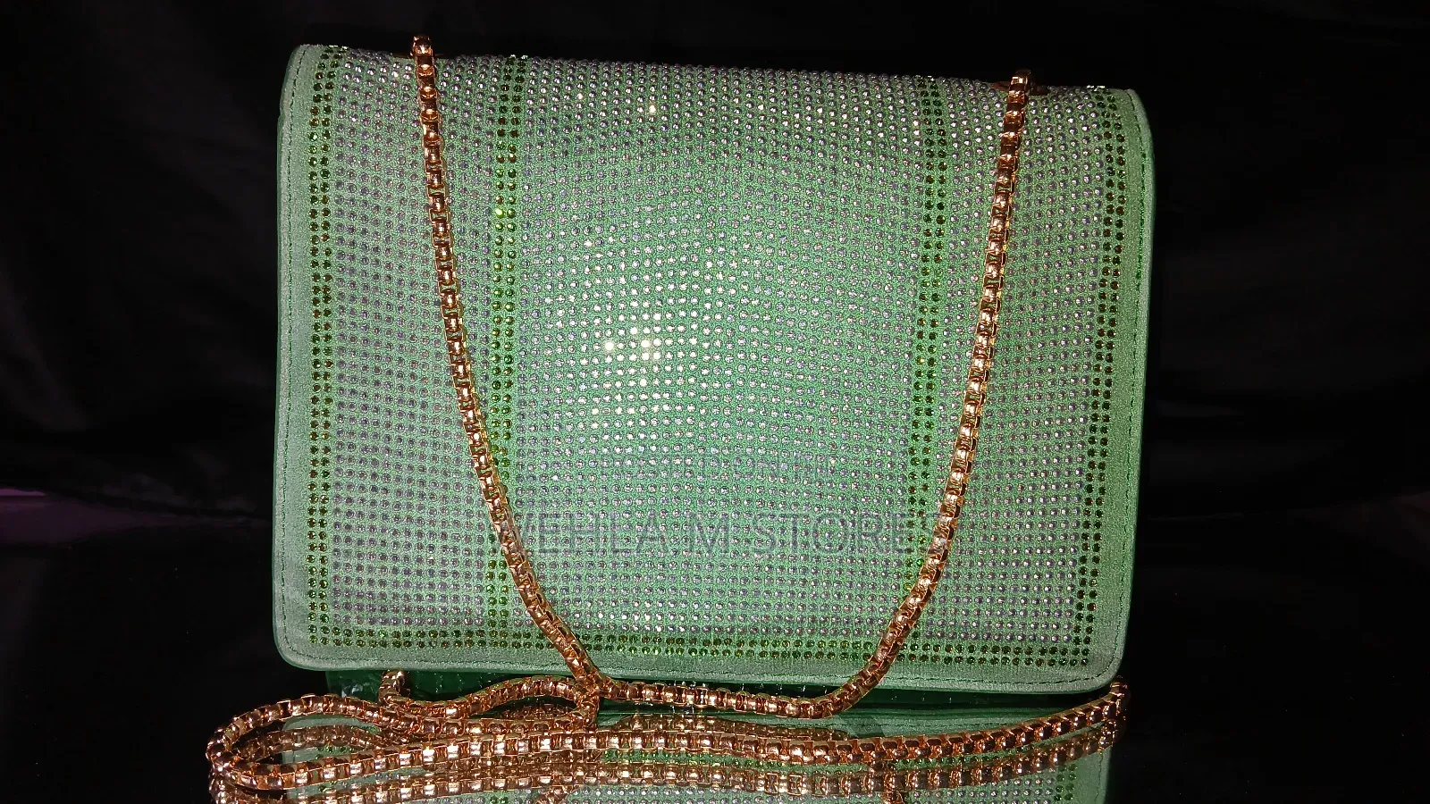 Rhinestone Clutch Green Bag With Gold Chain