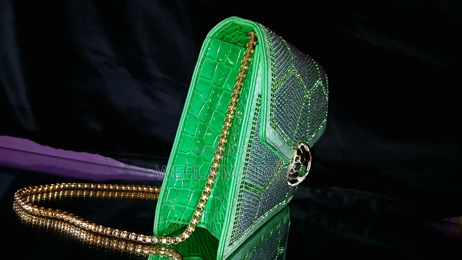 Rhinestone Clutch Green Bag With Gold Chain