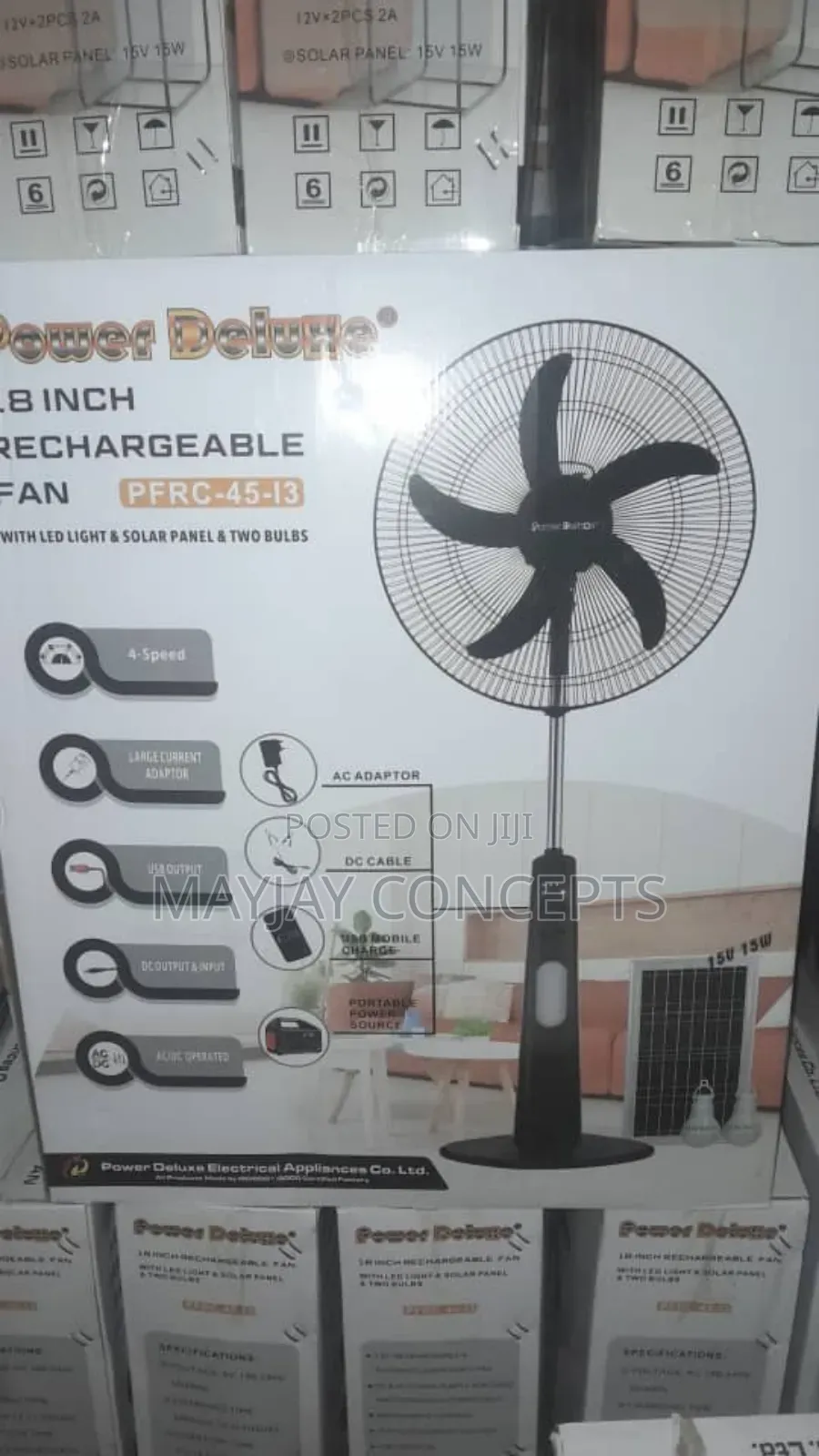 Power Deluxe 18" AC/DC Solar Rechargeable Fan-Panel+2bulbs