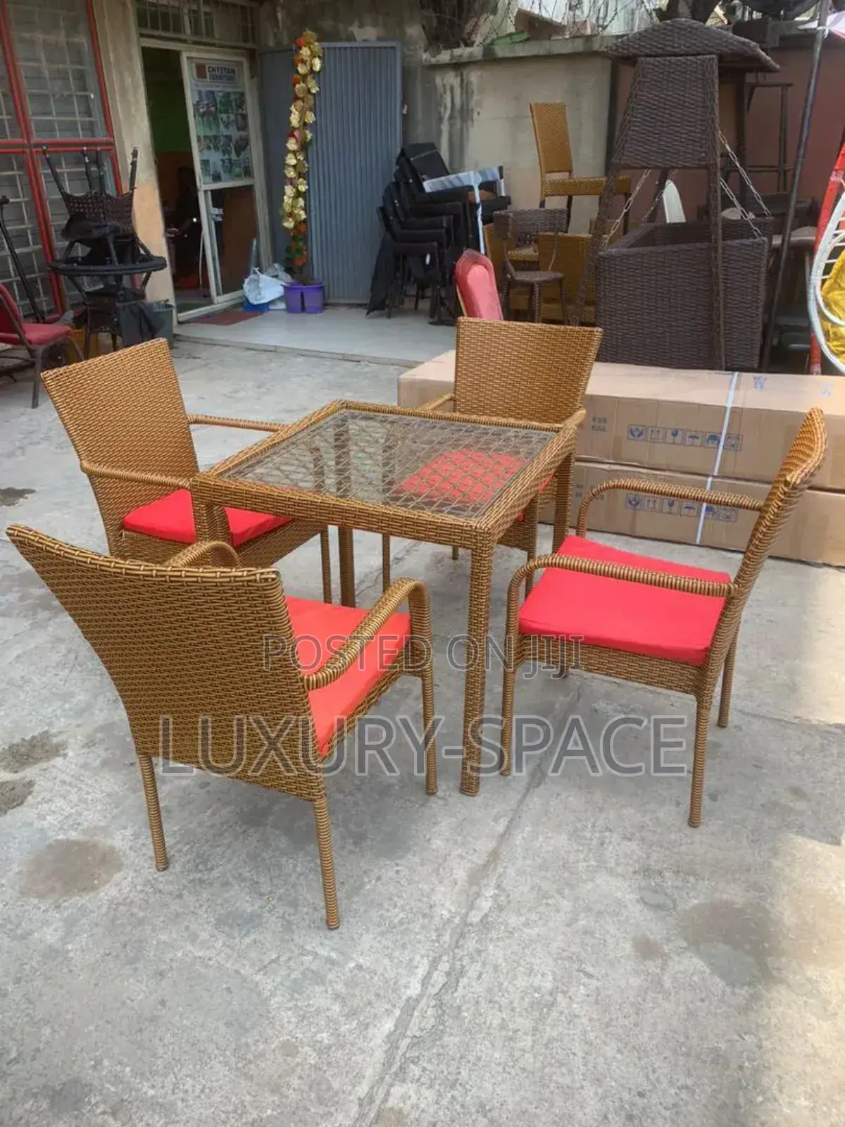 Ratan Chair and Table Set With Cushions