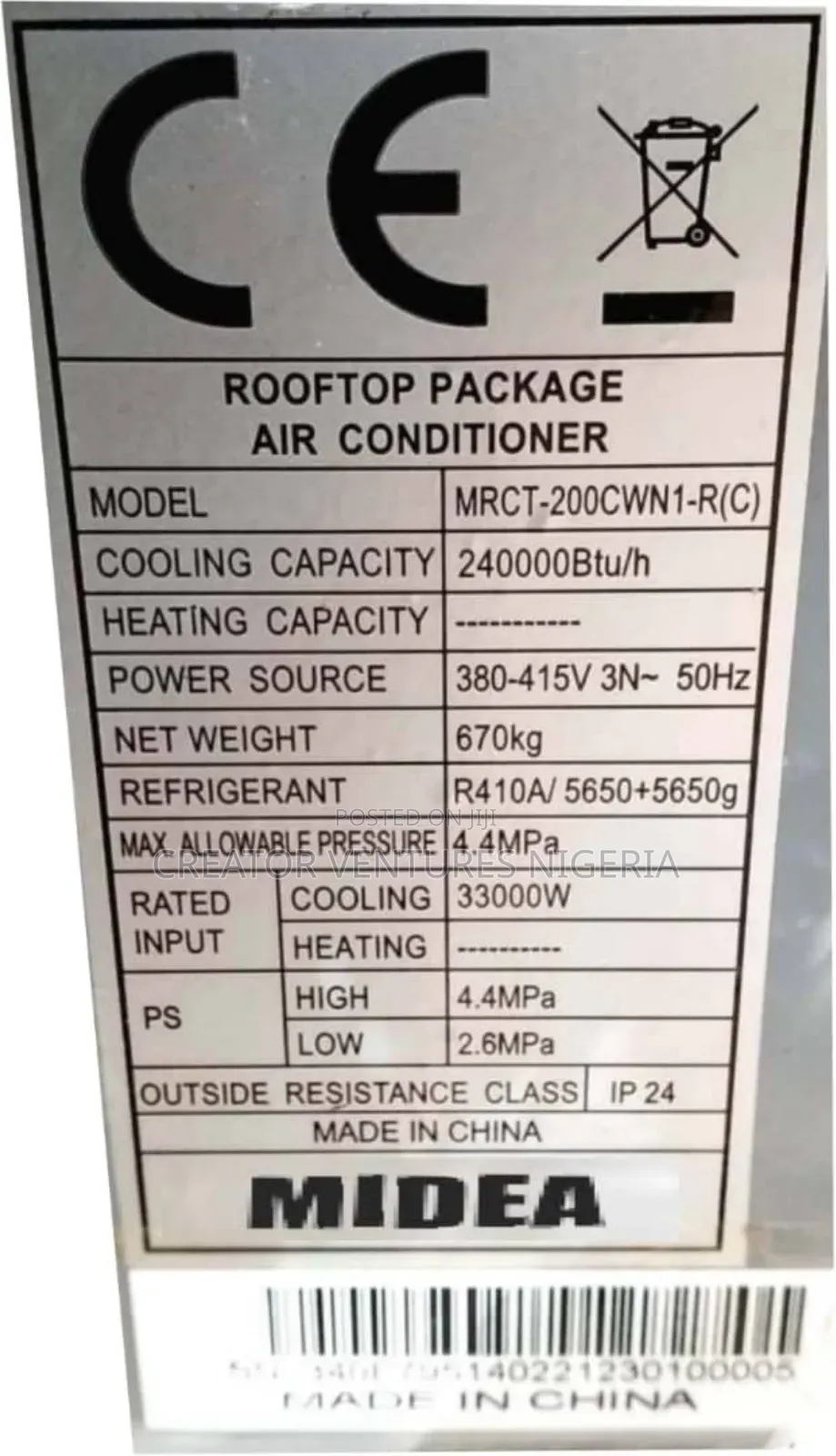 Roof Top Industrial Central Midea Ac,Fast Cooling,R410A Gas.