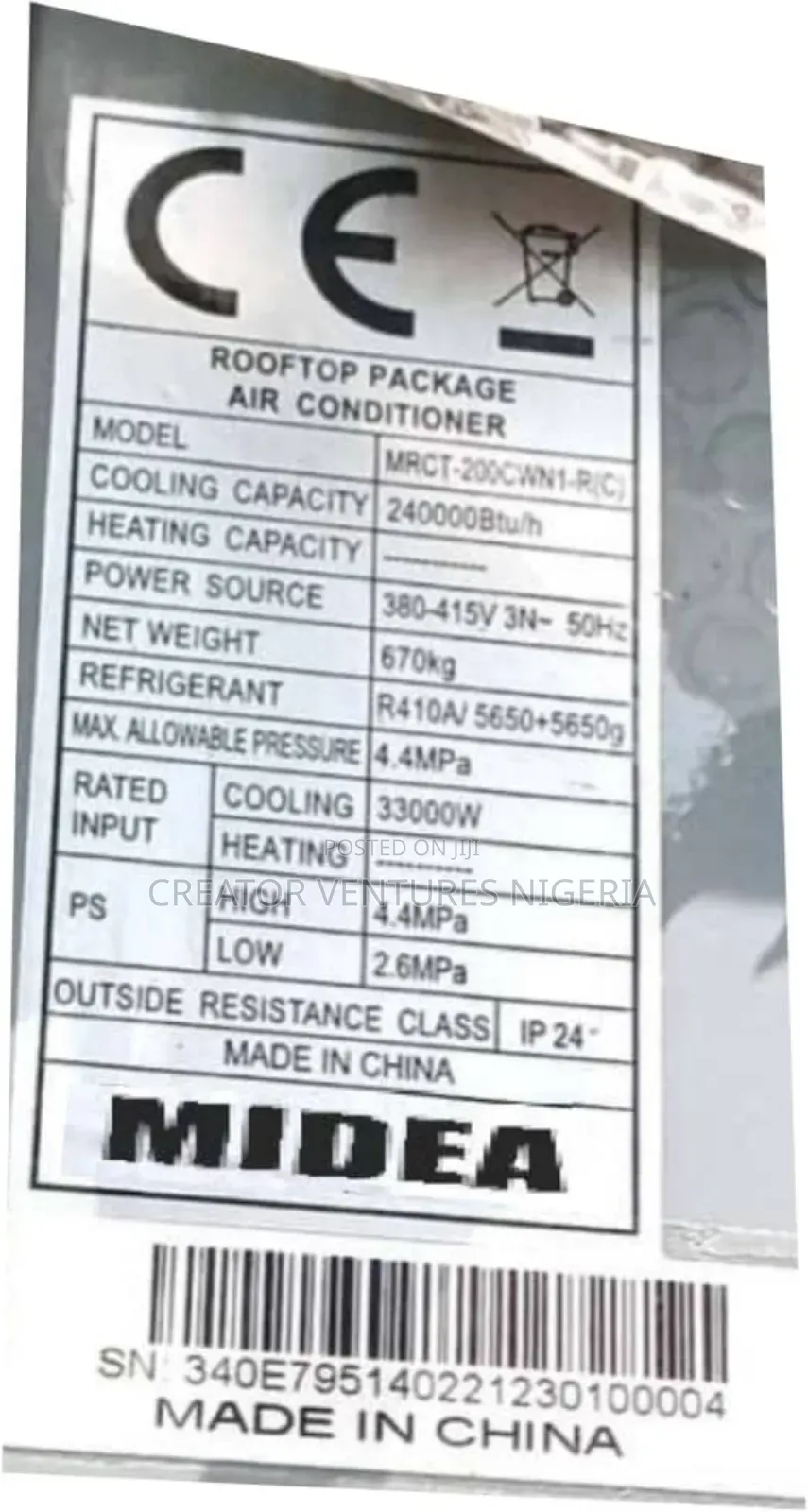 Roof Top Industrial Central Midea Ac,Fast Cooling,R410A Gas.