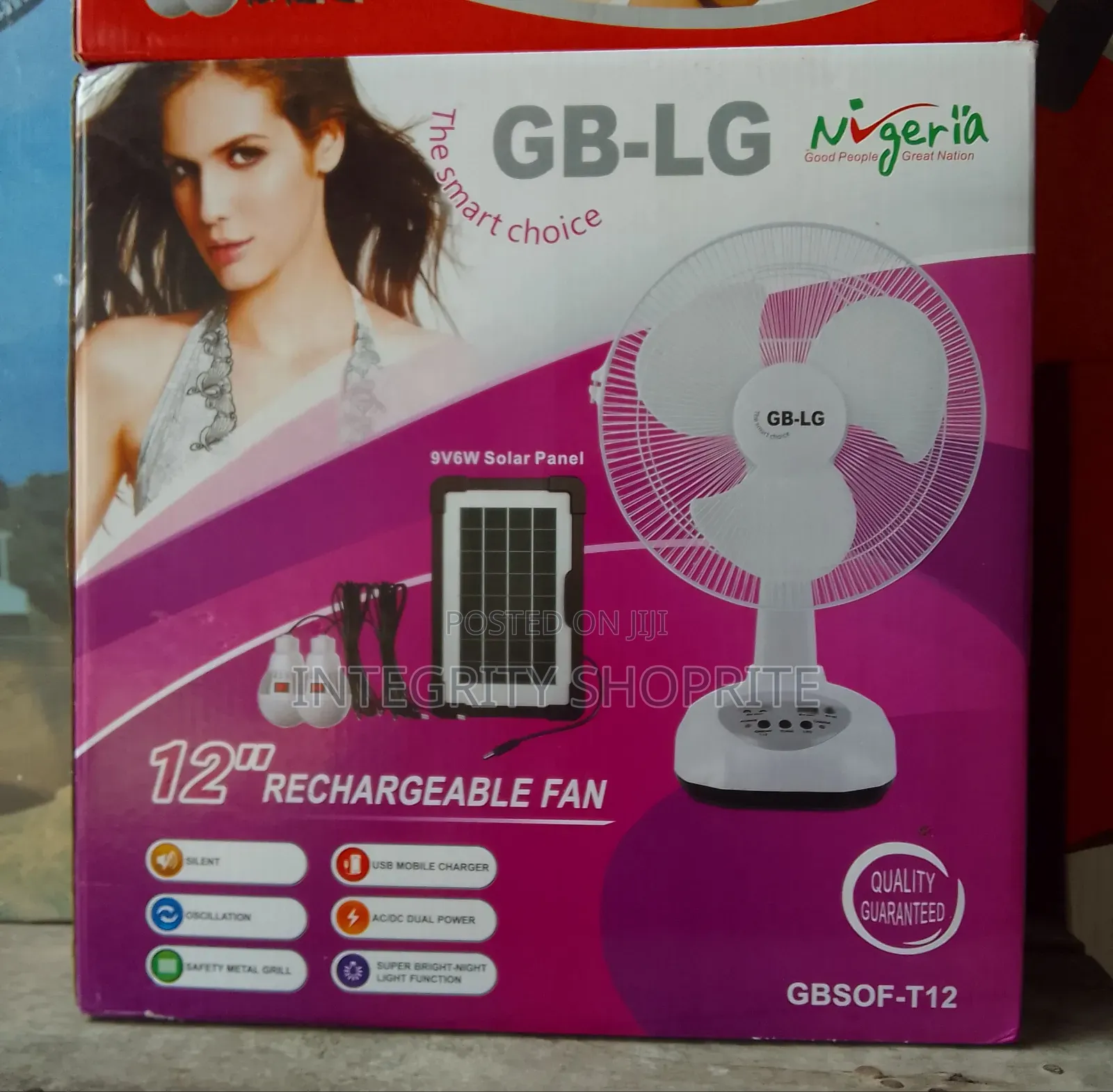 GB-LG 12inches Rechargeable Table Fan Solar Panel