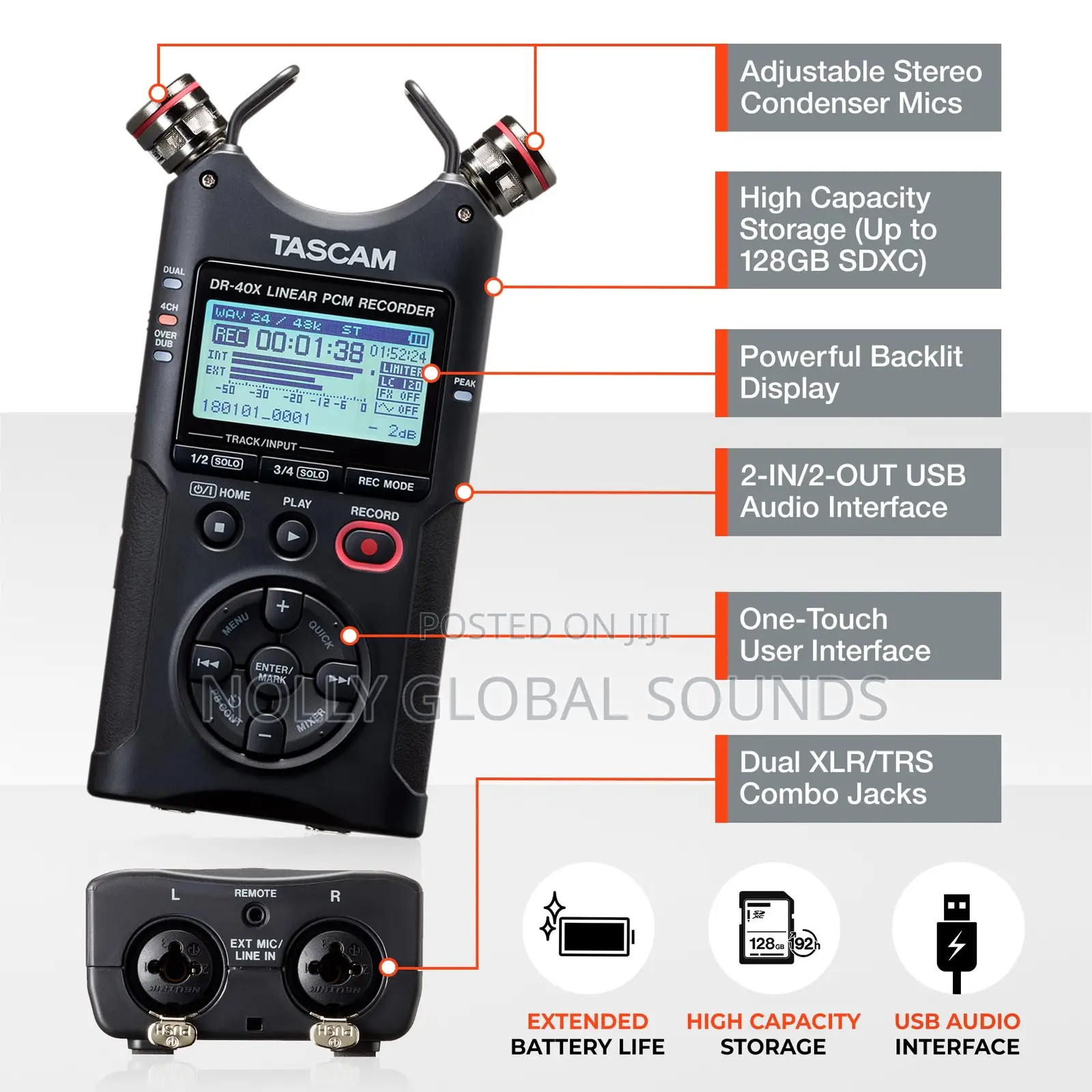 TASCAM DR-40X 4-track Portable Recorder — 2 XLR/TRS Inputs