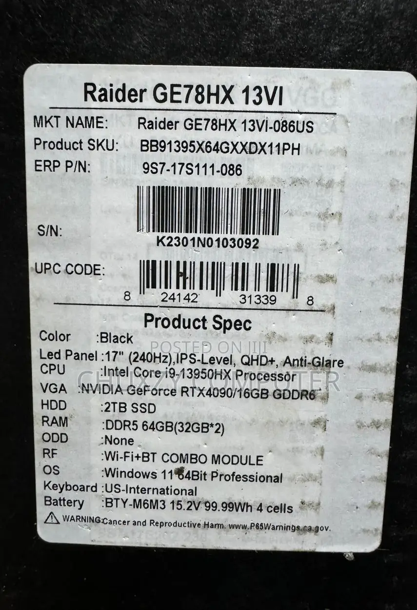 New Laptop MSI Raider GE78 64GB Intel Core I9 SSD 2T
