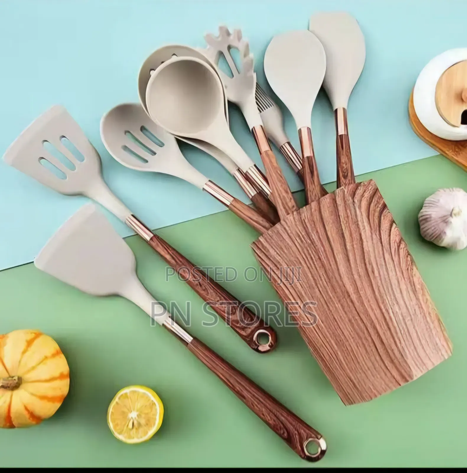 10pcs Quality Wood Grain Handle Silicone Kitchen Spoon Set