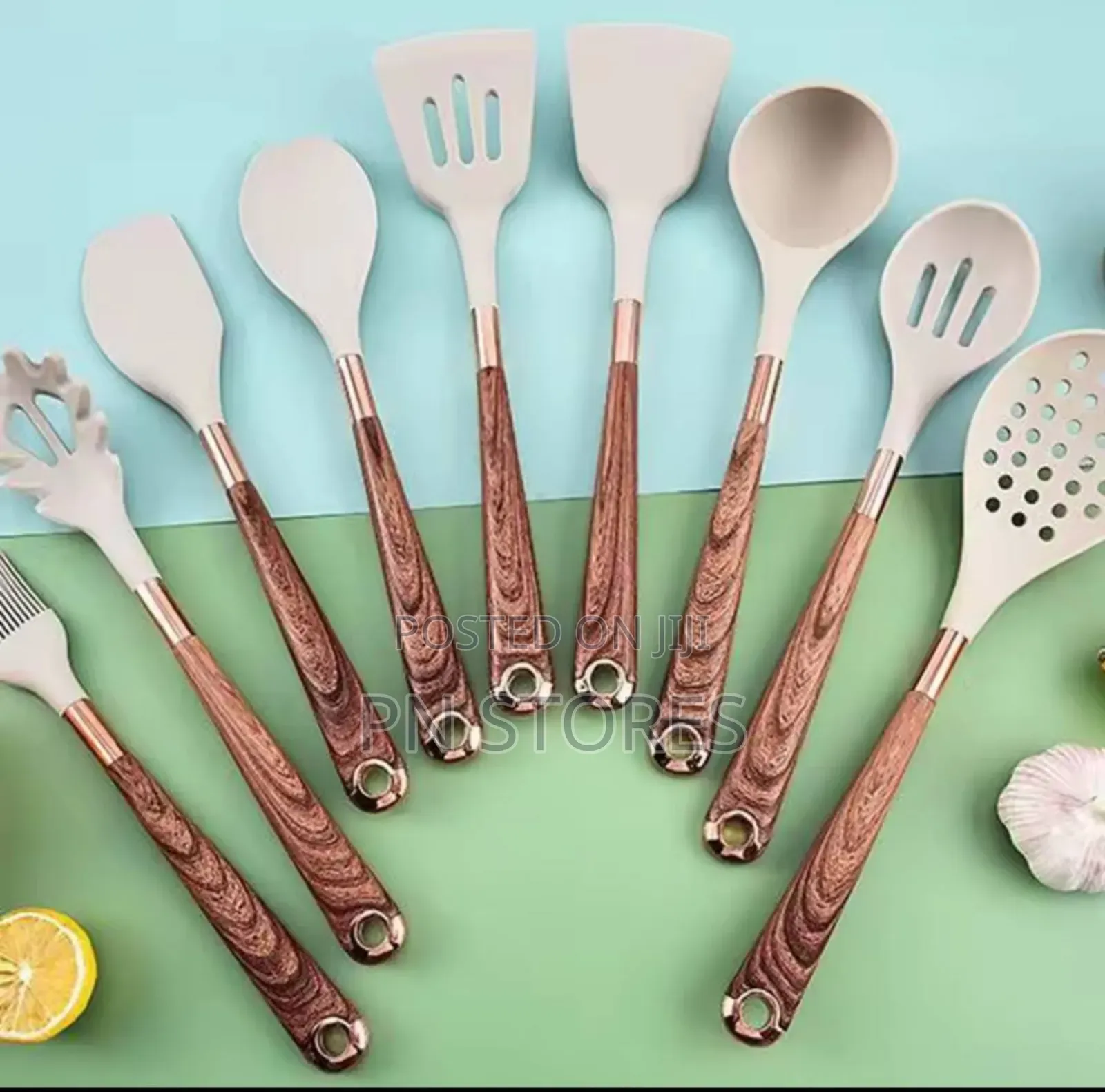 10pcs Quality Wood Grain Handle Silicone Kitchen Spoon Set