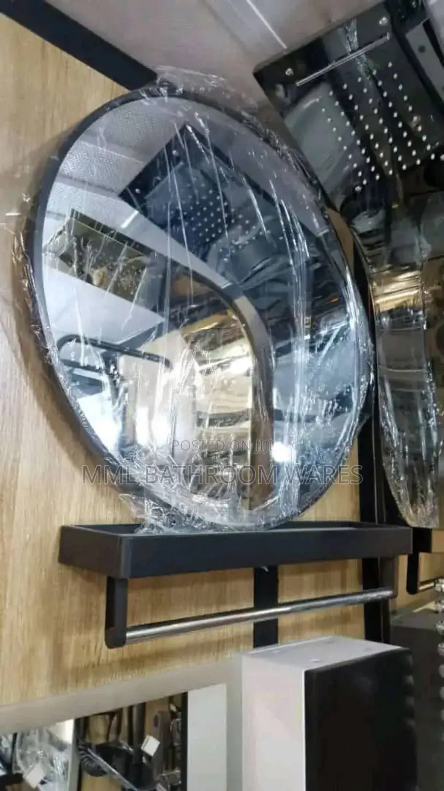 Black Frame Round Mirror With Shelf