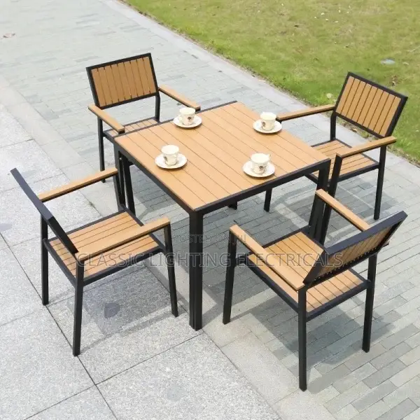 All Weather Coffee Dining Table Set 4 Chairs Wooden Outdoor