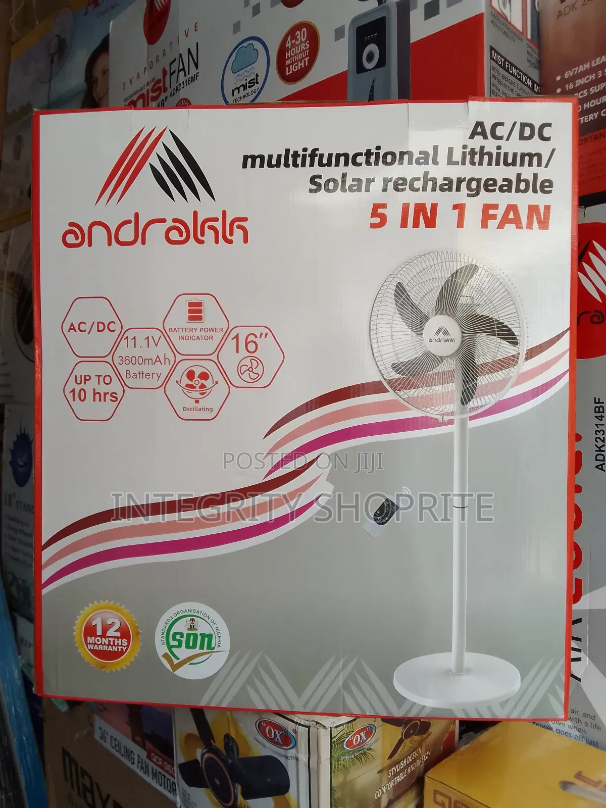 Andrakk Multifunctional Rechargeable 5 in 1 Fan 16inches