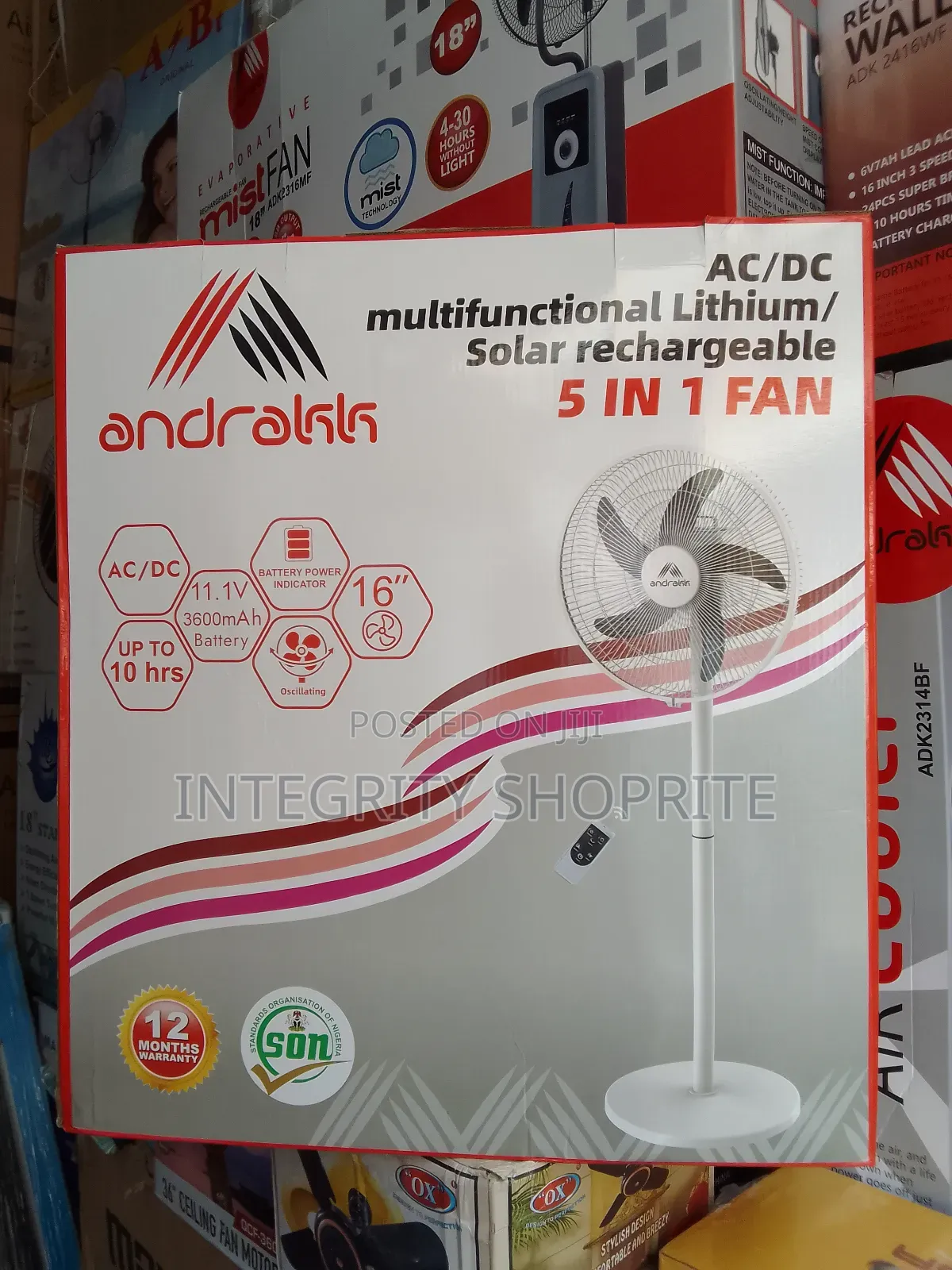 Andrakk Multifunctional Rechargeable 5 in 1 Fan 16inches