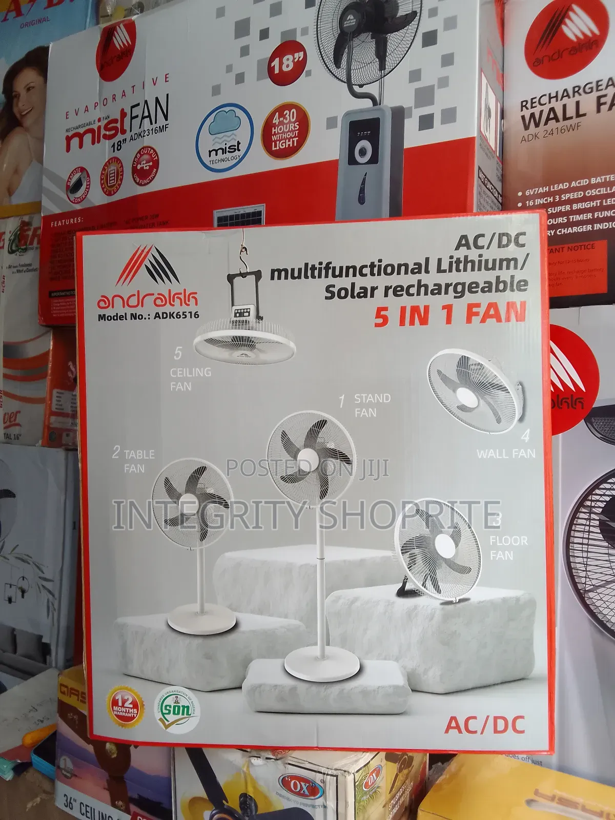 Andrakk Multifunctional Rechargeable 5 in 1 Fan 16inches