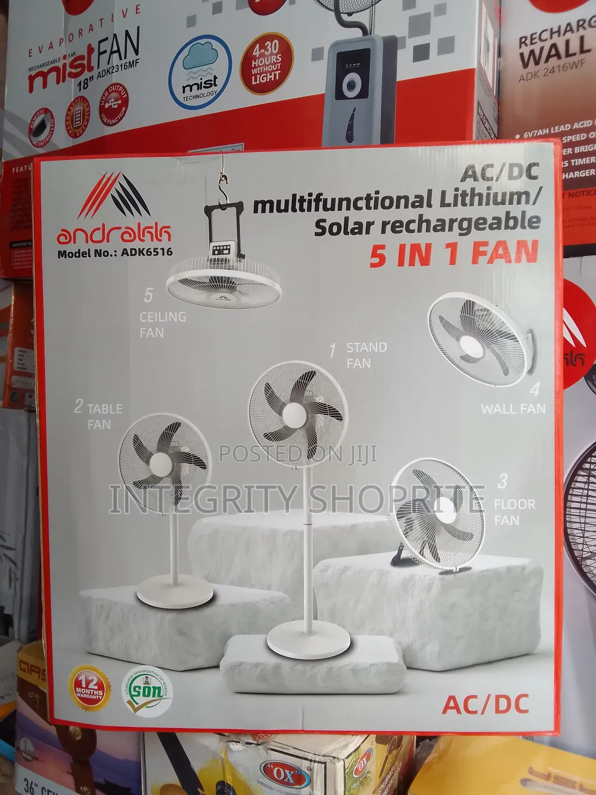 Andrakk Multifunctional Rechargeable 5 in 1 Fan 16inches