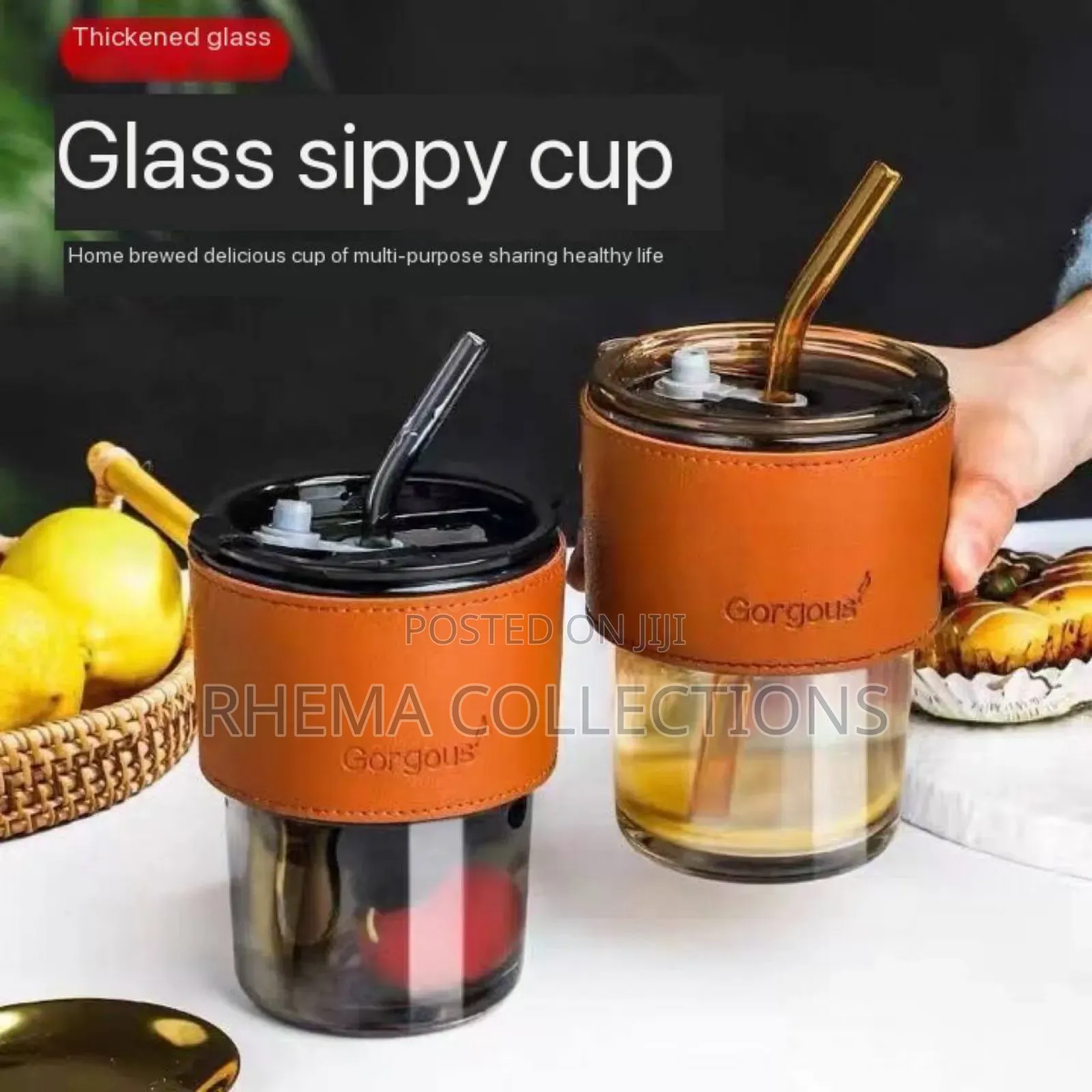 350ml Leather Grip Glass Cup With Glass Straw
